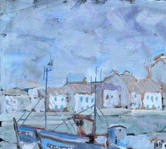 Escena del puerto de Honfleur con barcos de pesca y reflejos