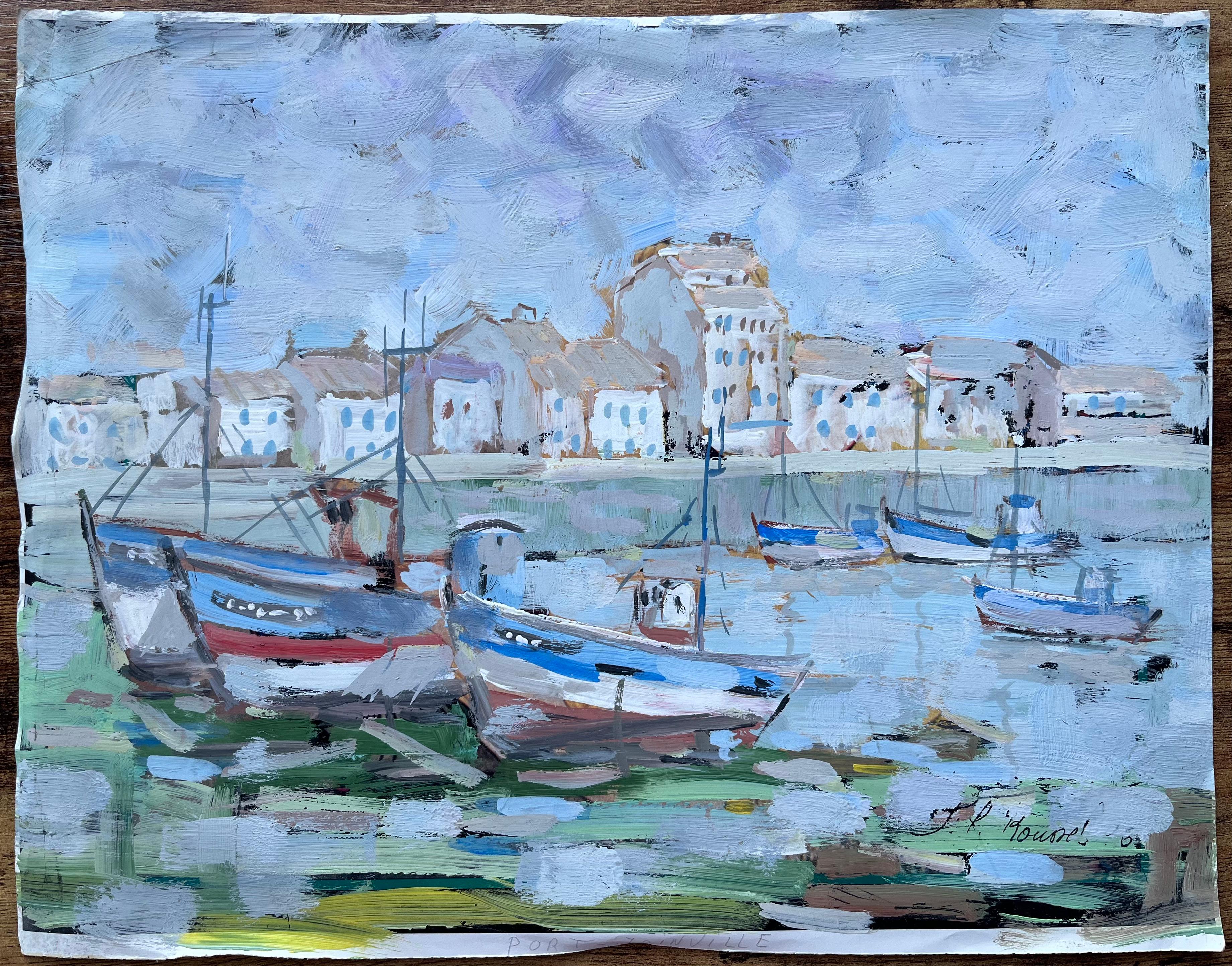 Scène de port de Honfleur avec bateaux de pêche et reflets - Impressionnisme Painting par F.T Roussel