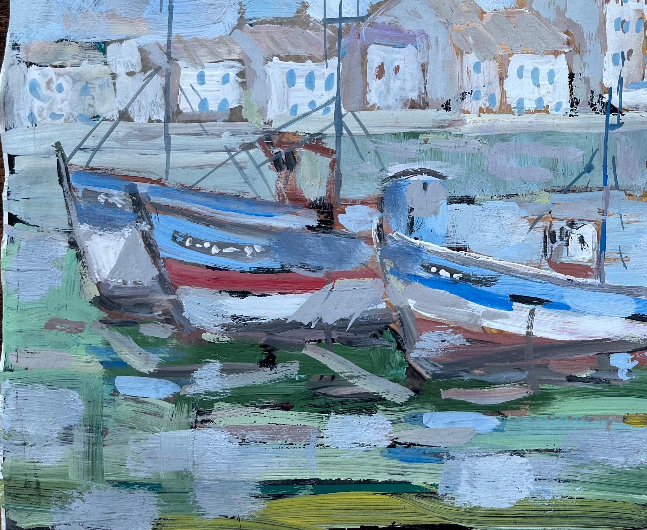 Scène de port de Honfleur avec bateaux de pêche et reflets - Bleu Figurative Painting par F.T Roussel