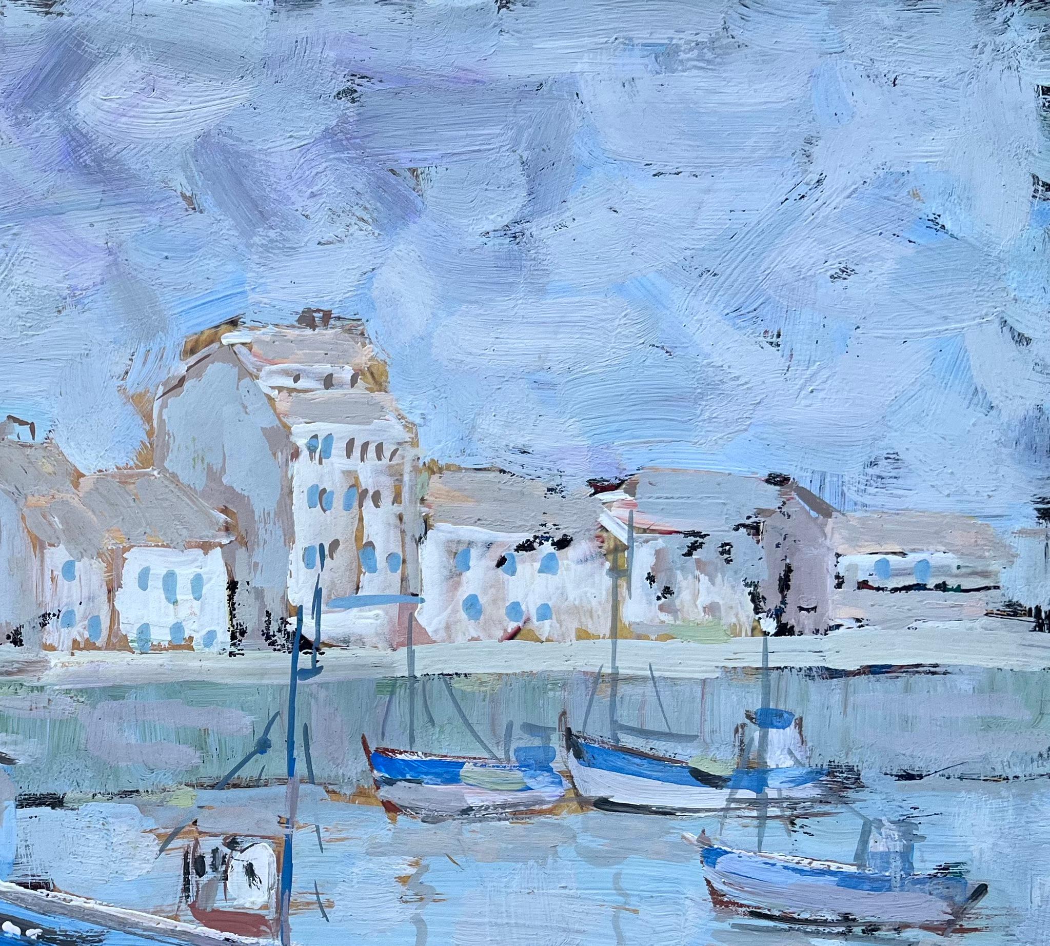 Scène de port de Honfleur avec bateaux de pêche et reflets en vente 1