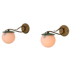 Pair of 1950s Italian Brass, Green Enameled Metal and Opaline Glass Wall Sconces