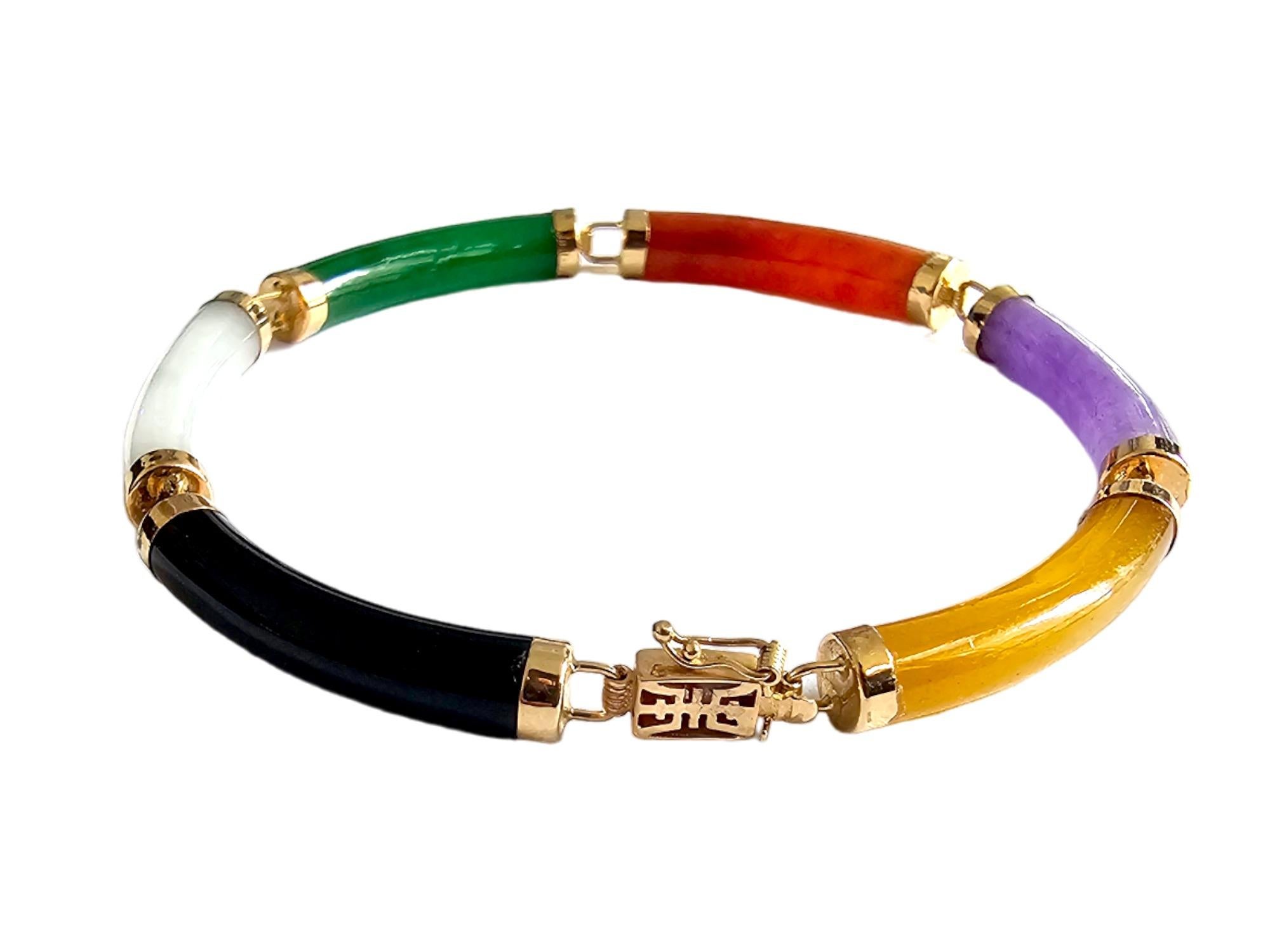 Fu Fuku Fortune Eclectic Jade Onyx MOP Tube Bracelet (with 14K Yellow Gold) For Sale 5