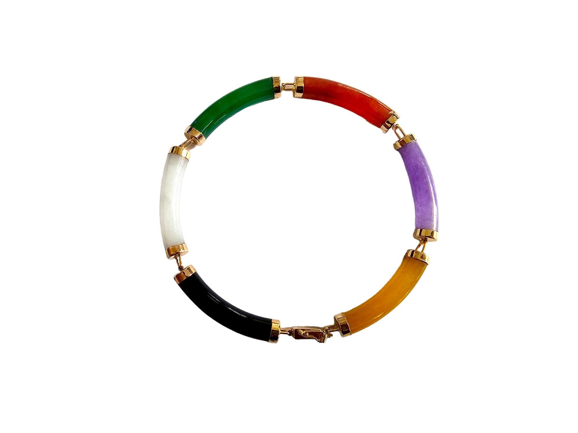 Fu Fuku Fortune Eclectic Jade Onyx MOP Tube Bracelet (with 14K Yellow Gold) For Sale 6