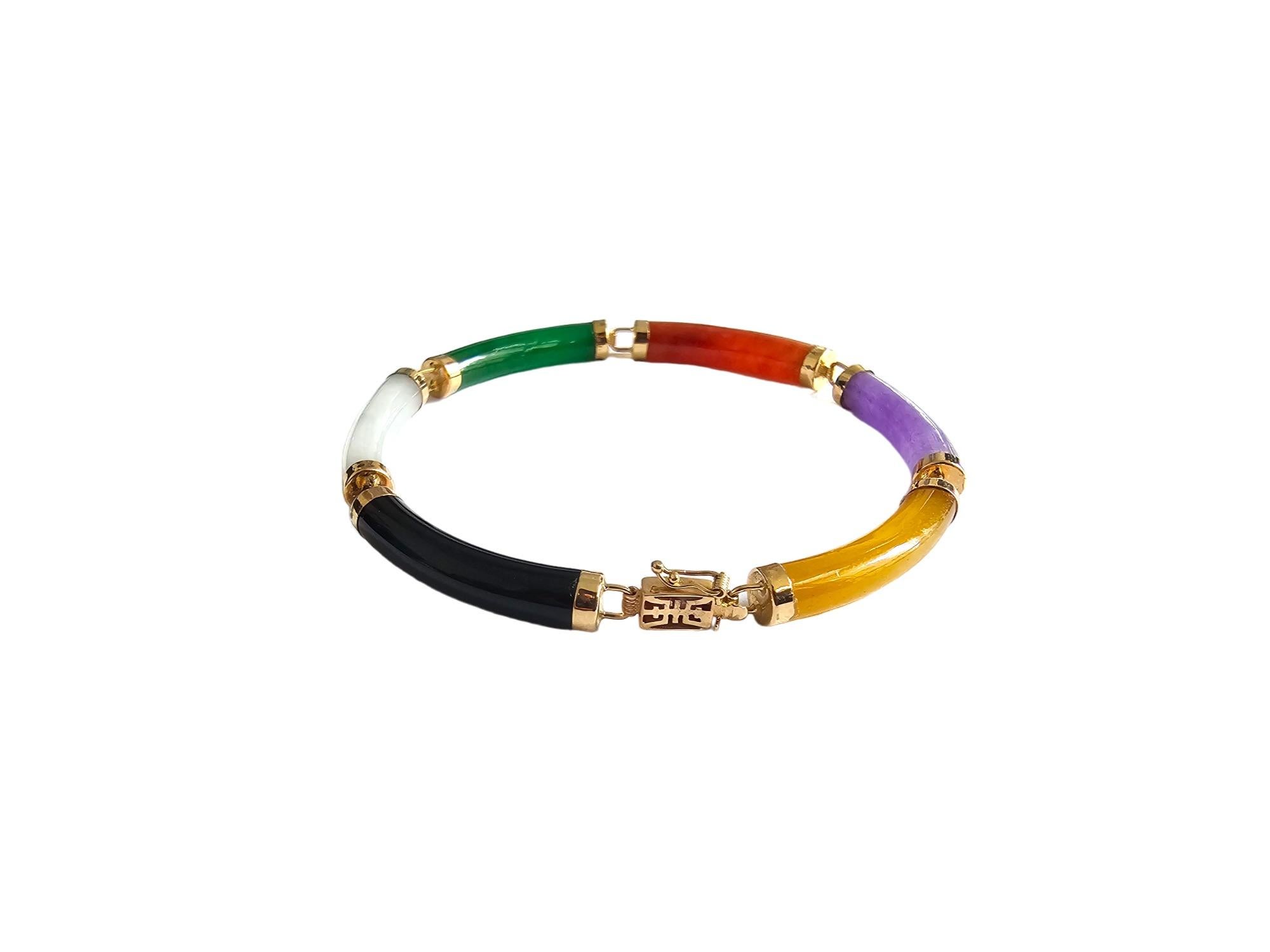 Fu Fuku Fortune Eclectic Jade Onyx MOP Tube Bracelet (with 14K Yellow Gold) For Sale 7