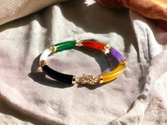 Fu Fuku Fortune Eclectic Jade Onyx MOP Tube Bracelet (with 14K Yellow Gold)
