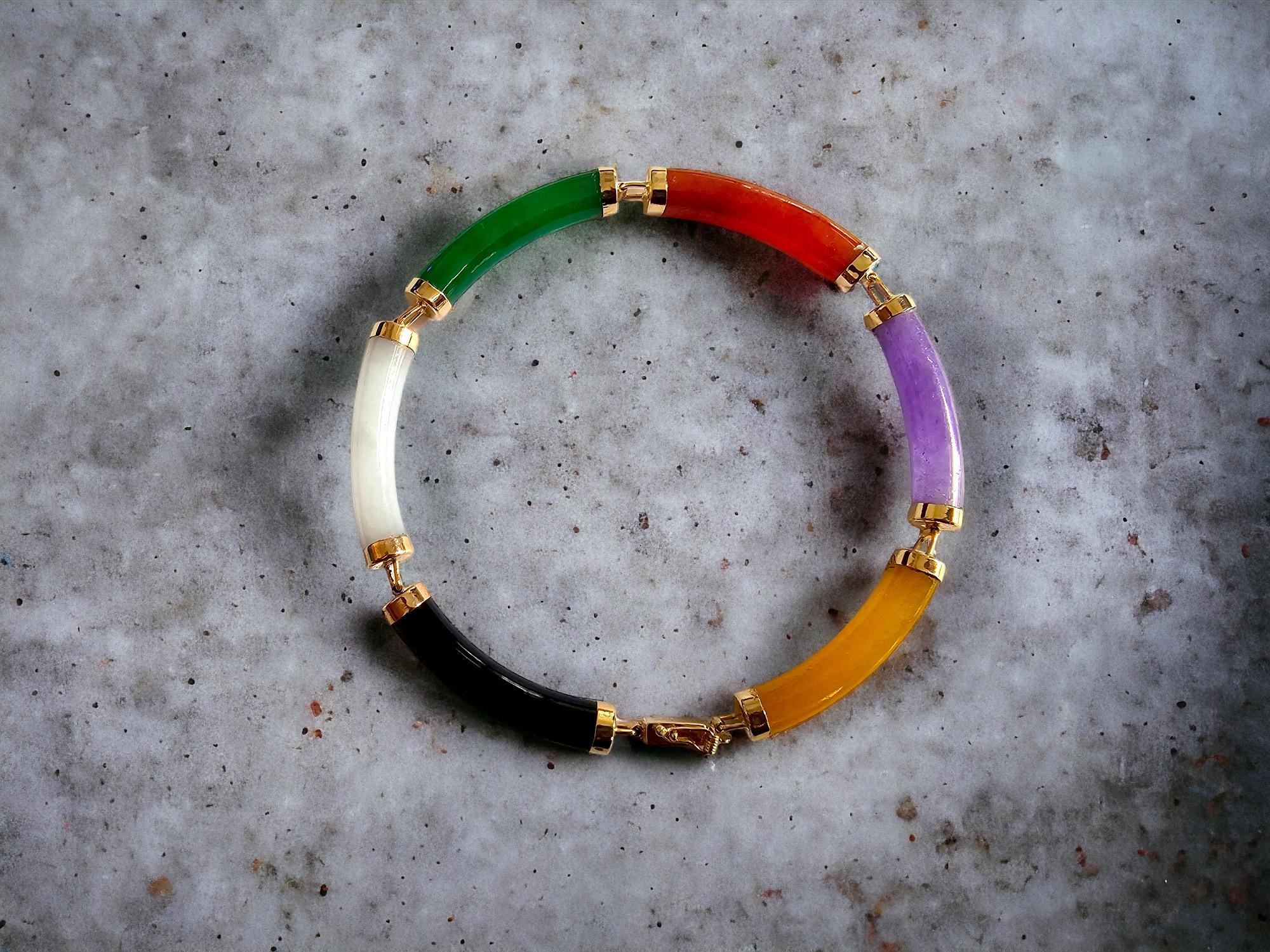 Fu Fuku Fortune Eclectic Jade Onyx MOP Tube Bracelet (with 14K Yellow Gold) In New Condition For Sale In Kowloon, HK