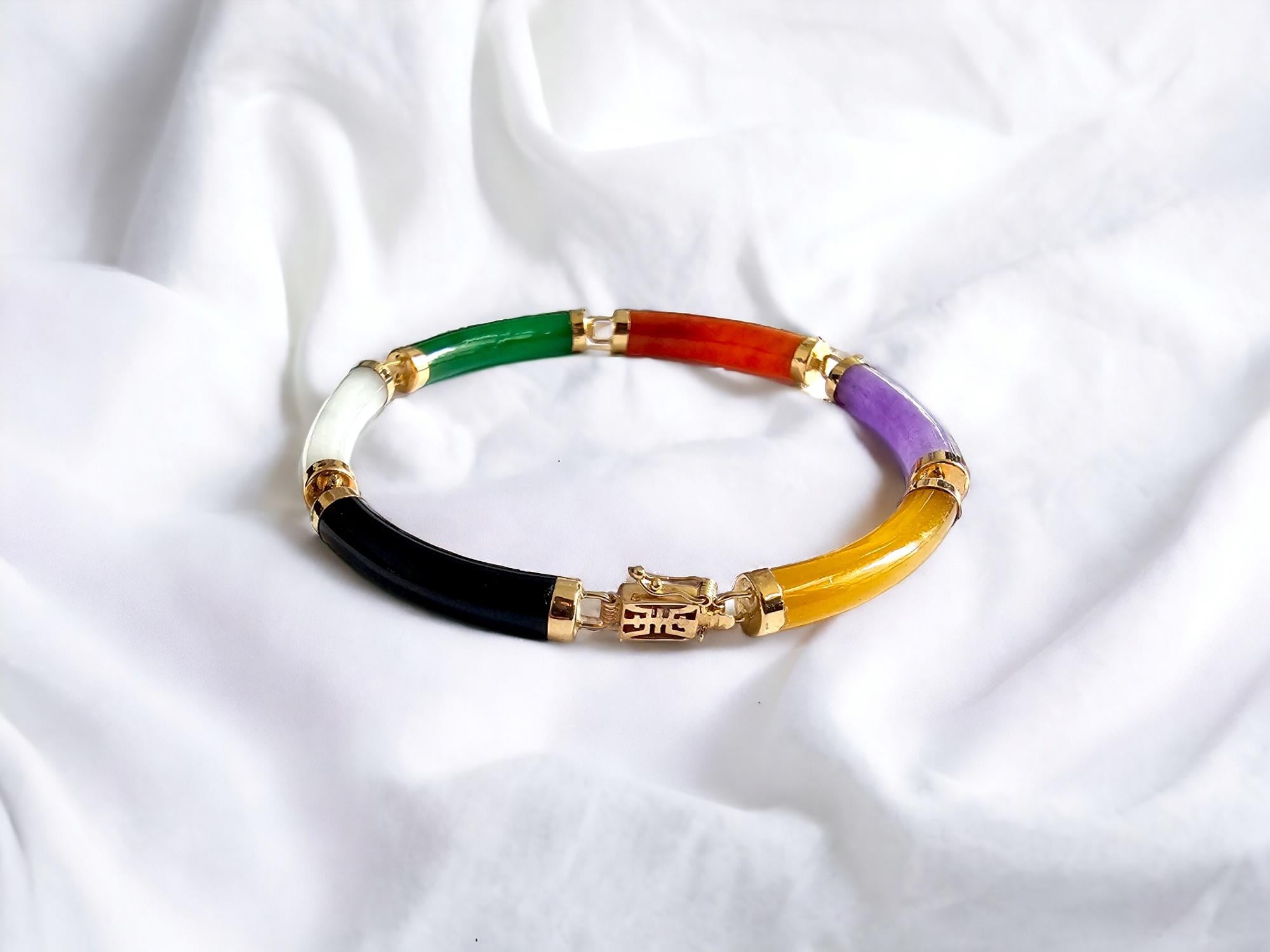 Fu Fuku Fortune Eclectic Jade Onyx MOP Tube Bracelet (with 14K Yellow Gold) For Sale 1