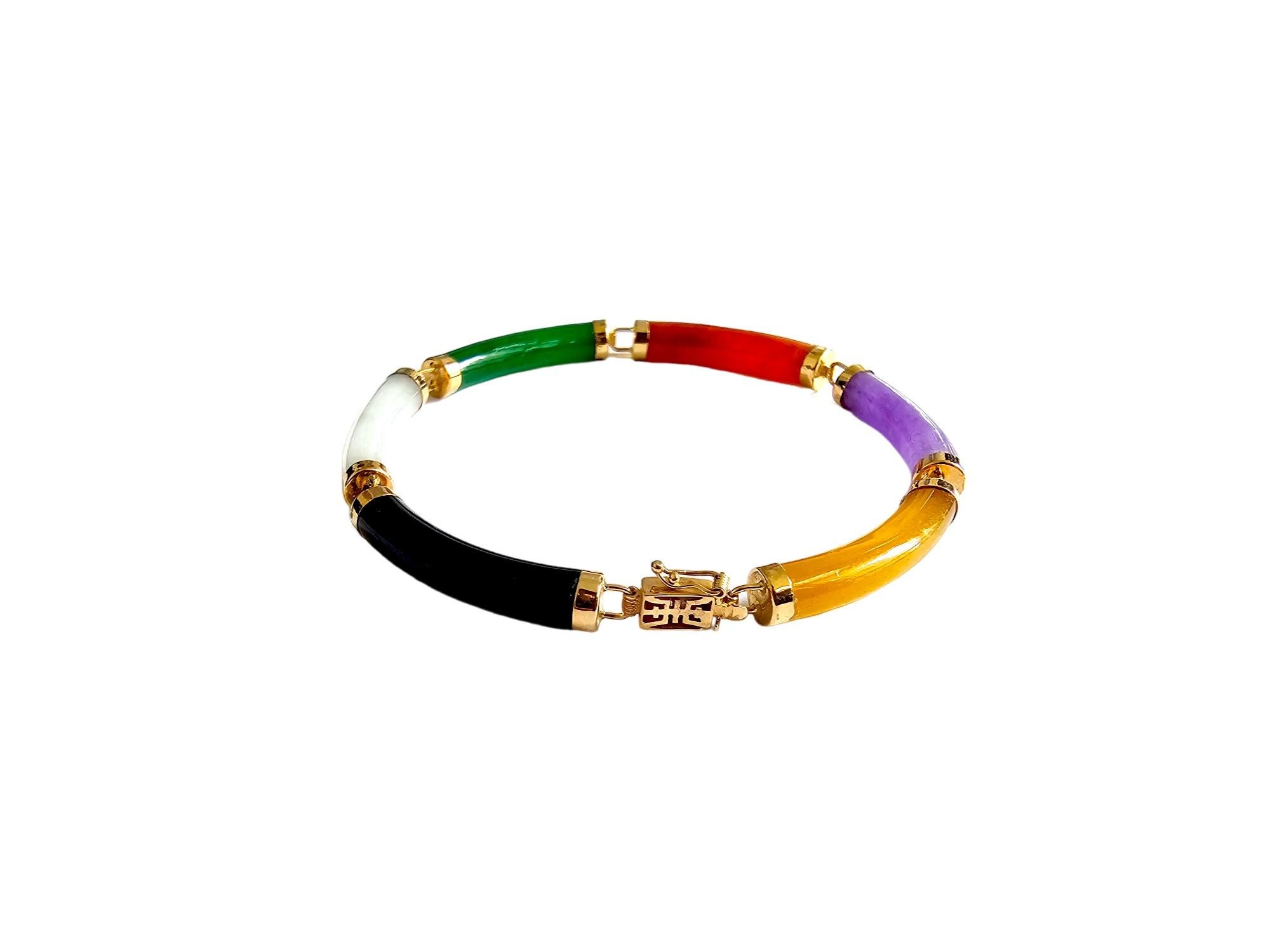 Fu Fuku Fortune Eclectic Jade Onyx MOP Tube Bracelet (with 14K Yellow Gold) For Sale 4