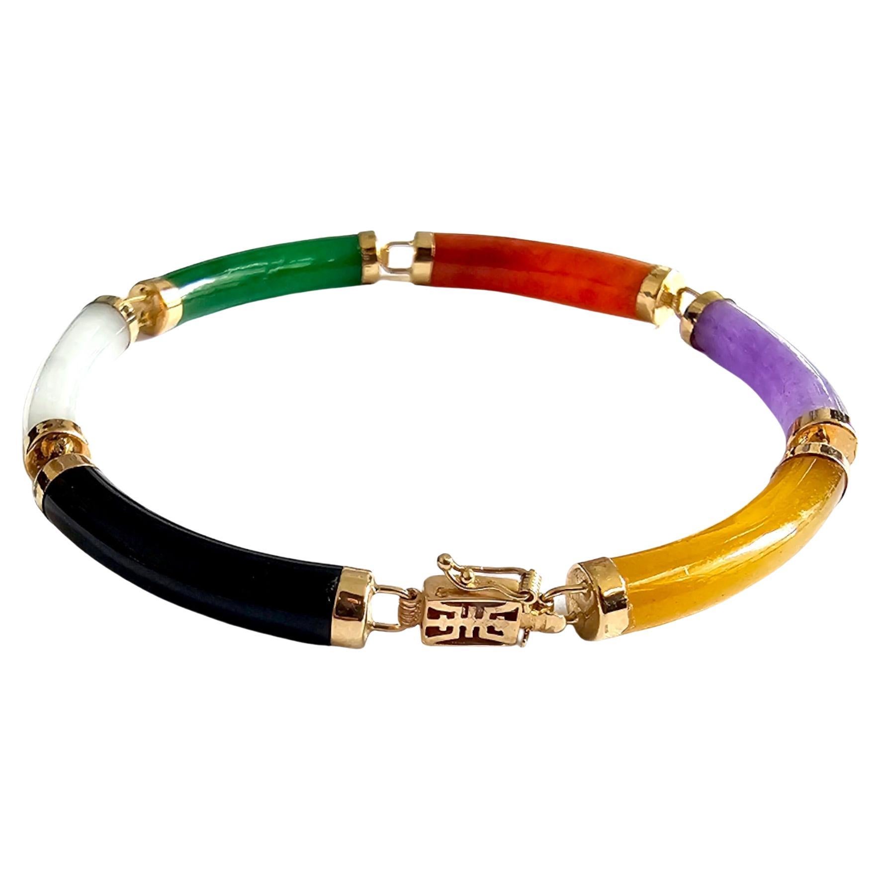 Fu Fuku Fortune Eclectic Jade Onyx MOP Tube Bracelet (with 14K Yellow Gold)