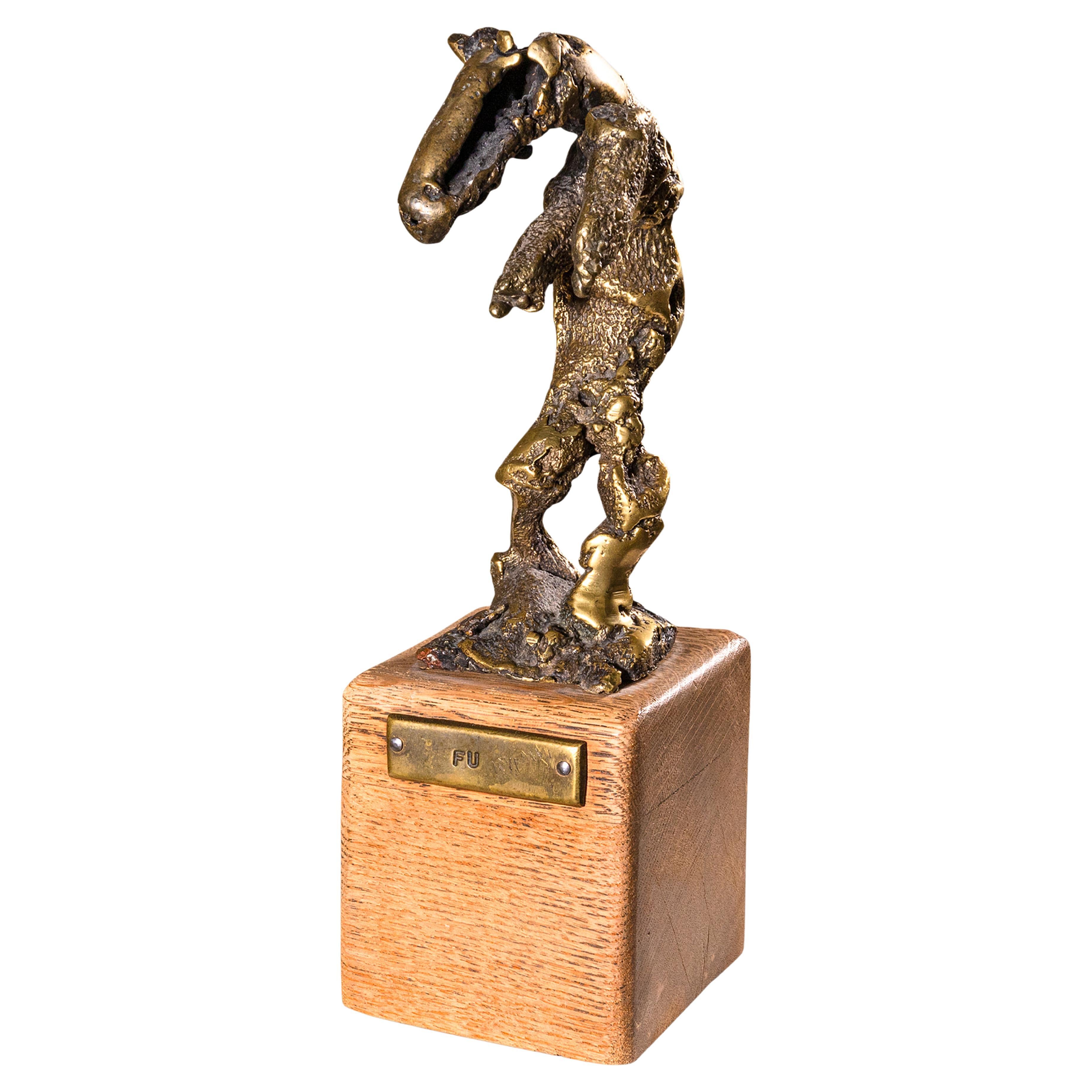 Fu Vintage Bronze Abstract Sculpture on Wood Base