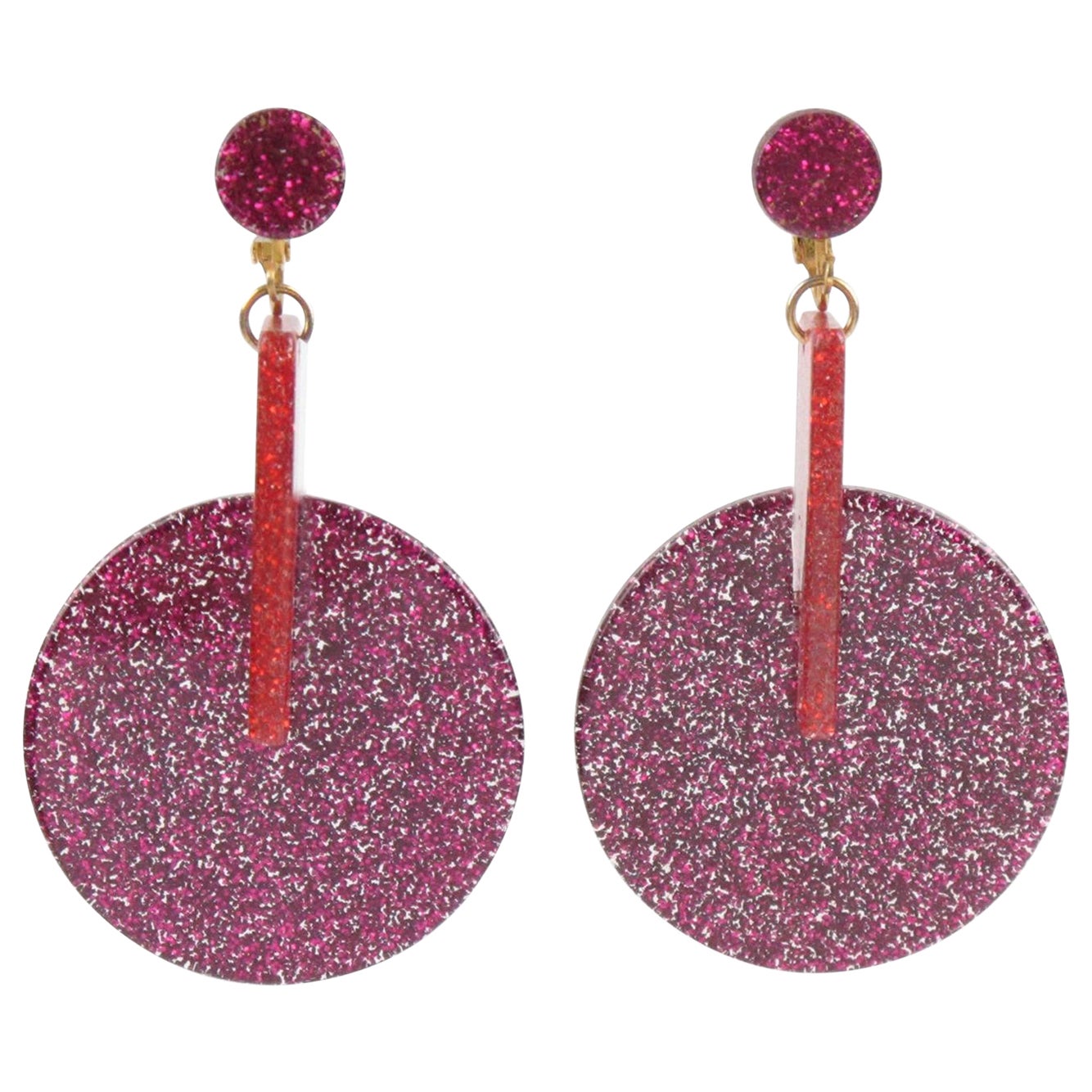 Boucles d'oreilles pendantes en résine géométrique pailletée fuchsia et rouge