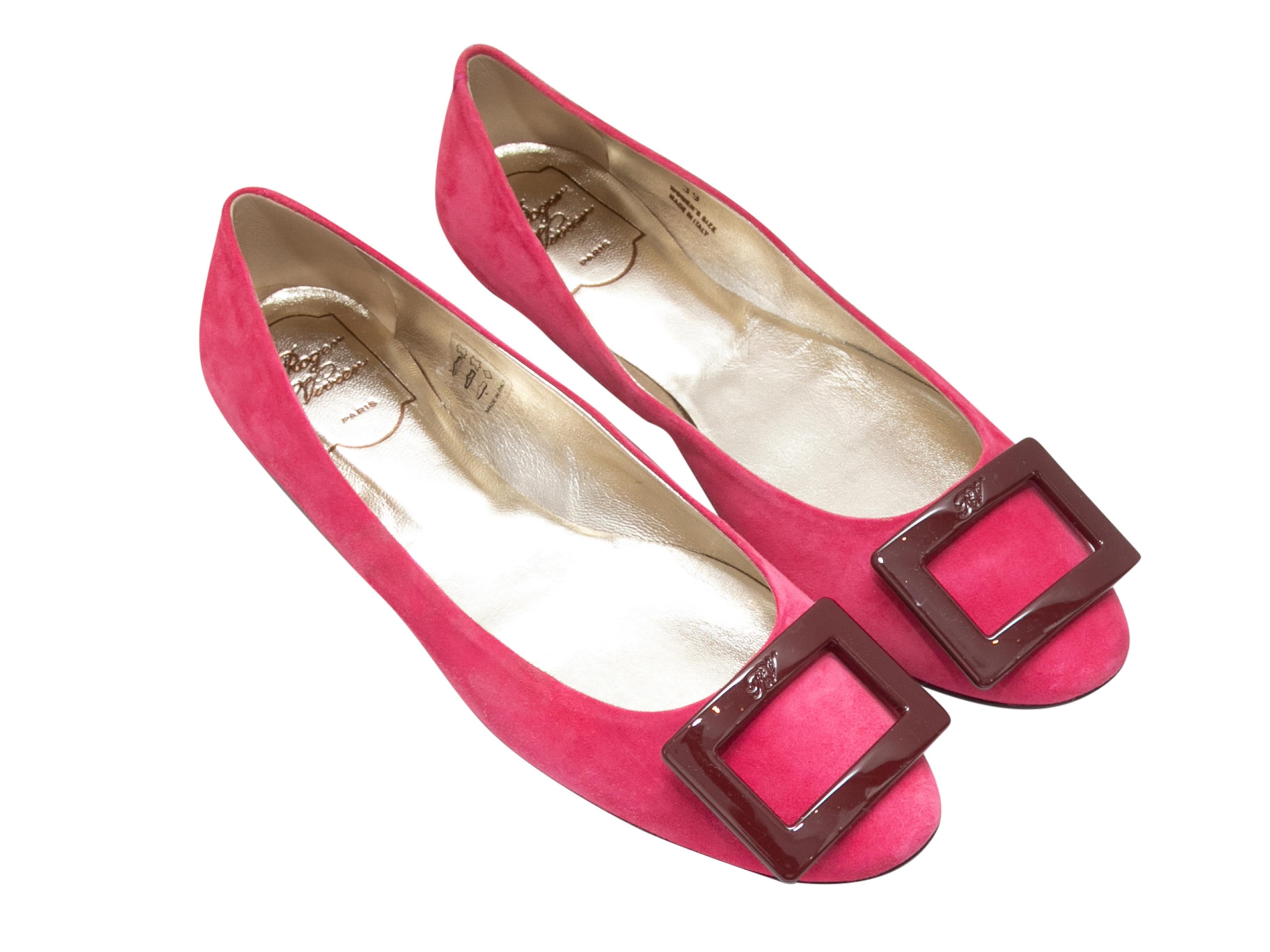 Fuchsia and burgundy suede Gommette ballet flats by Roger Vivier. Buckle accents at tops.