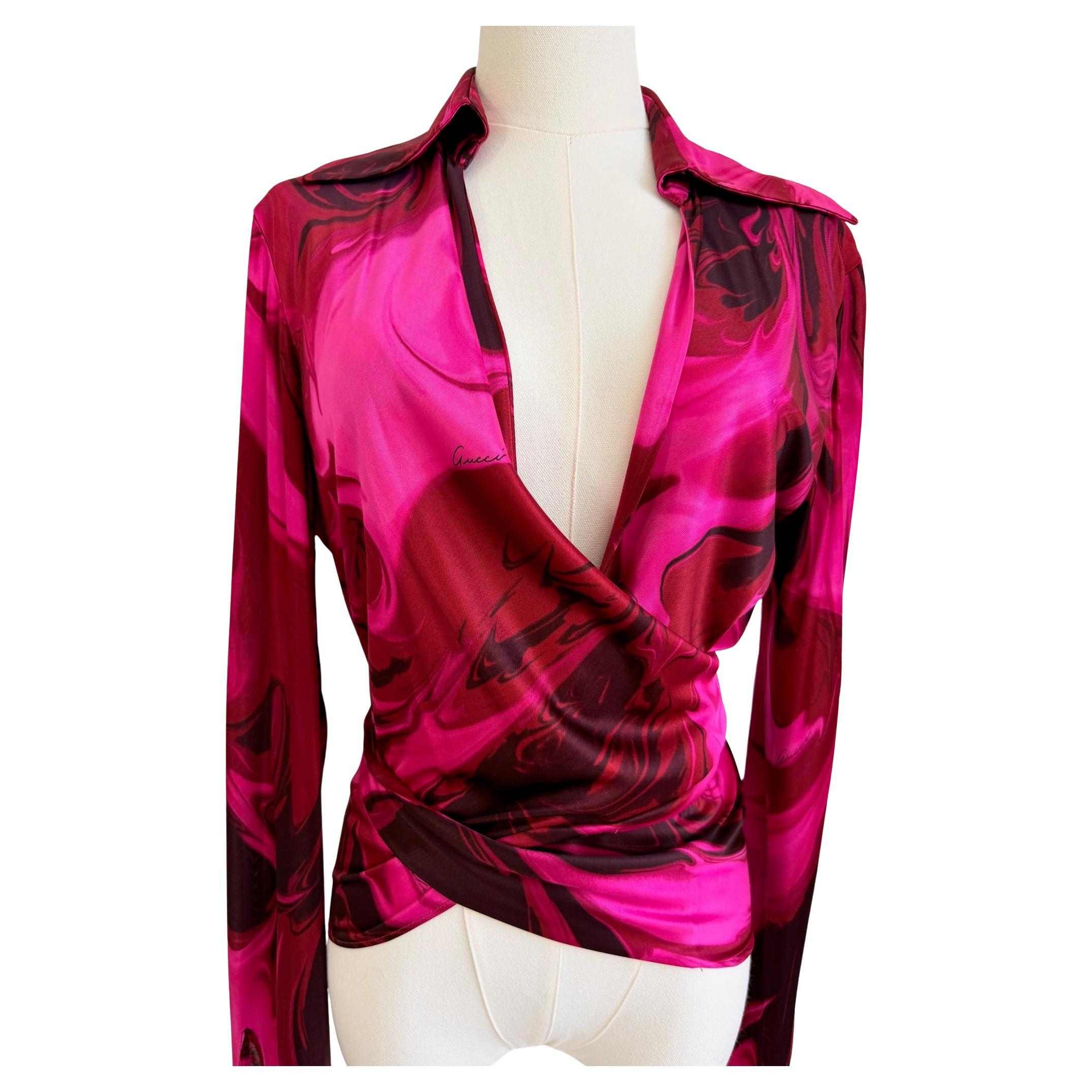 Gucci Early 2000s Fuchsia Burgundy Tie-Up Rayon Blouse, Size 18.25"