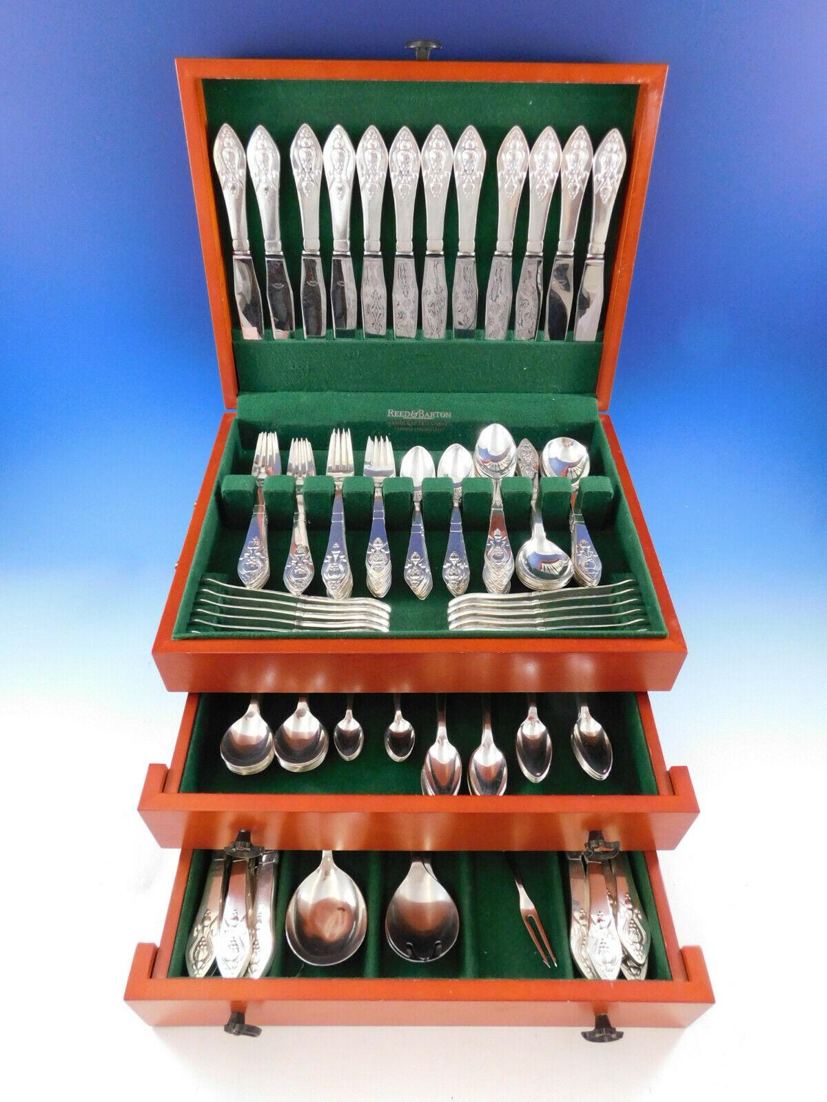 Superb Fuchsia Aka Klokke by Georg Jensen Sterling Silver flatware set, 160 pieces. This exceptionally rare set includes:

12 dinner size knives, 9 1/2