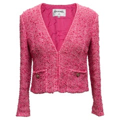 Fuchsia Chanel Cruise 2021 Collarless Slub Tweed Jacket Size FR 38
