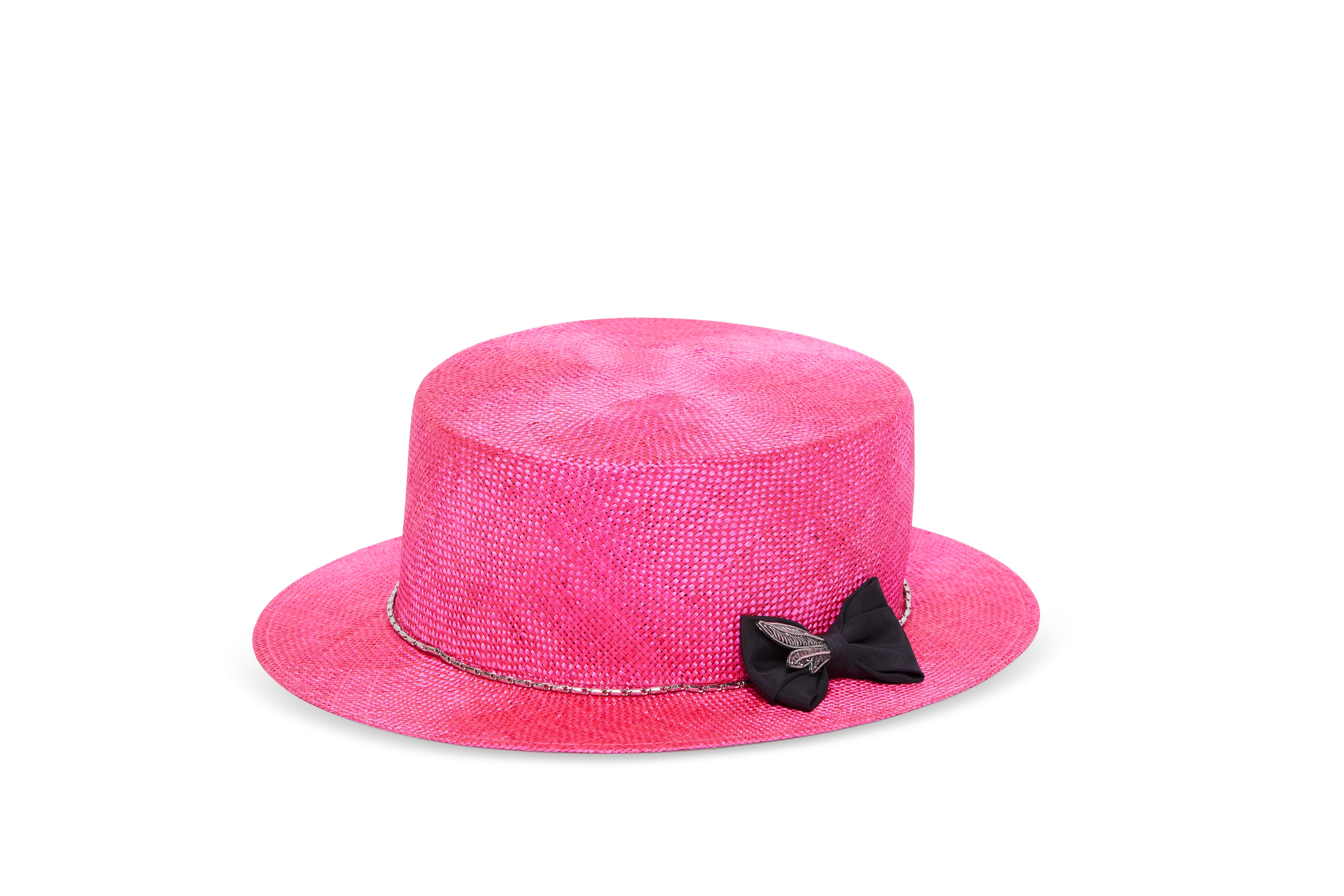 Fuchsia embellished hat NWOT
totally handmade in Italy 
FABRIC COLOR: Fuchsia



DECORATION: Metal spiral/feather veil