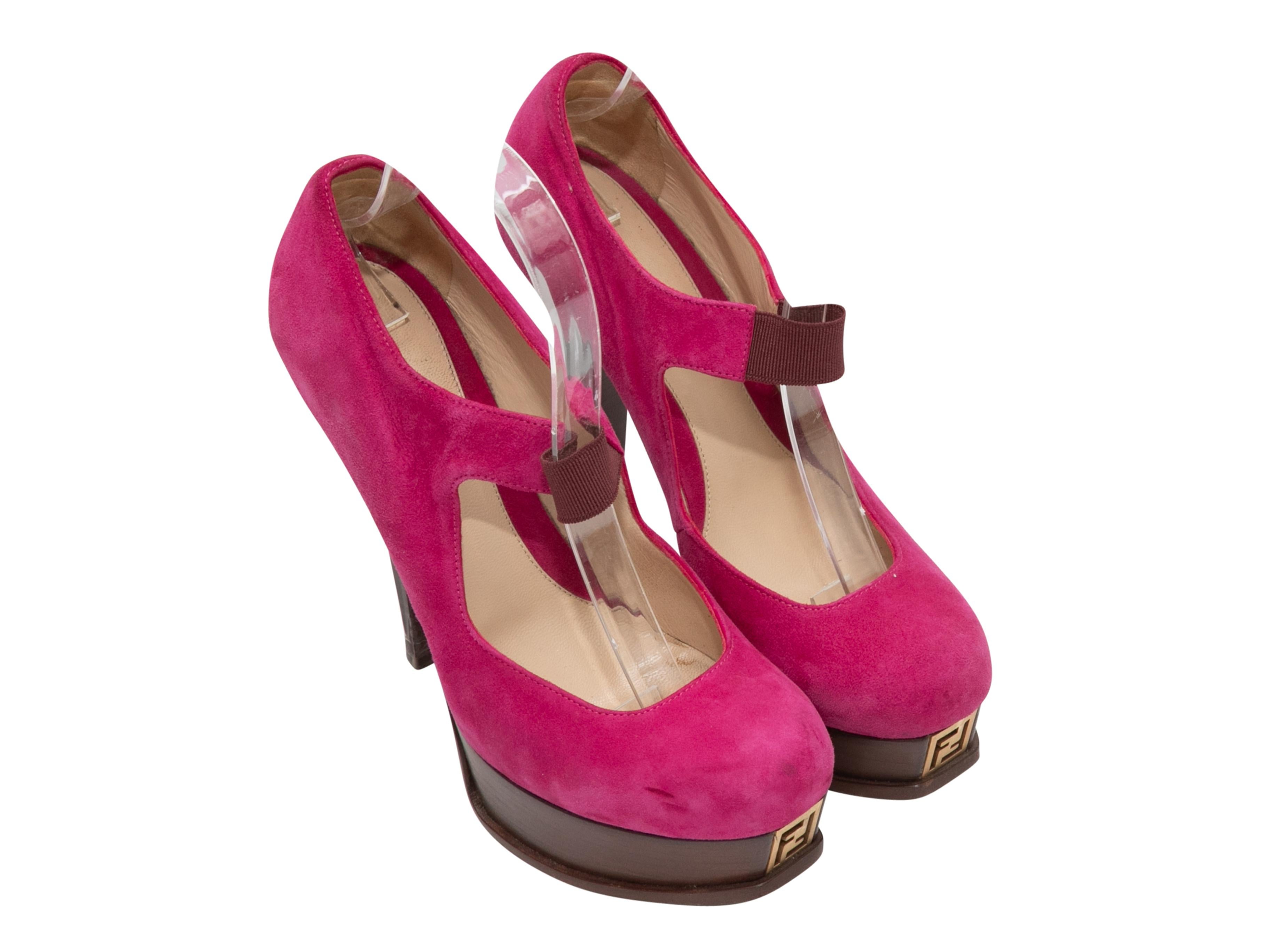 Fuchsia suede Mary Jane platform pumps by Fendi. Stacked heels. 1.5