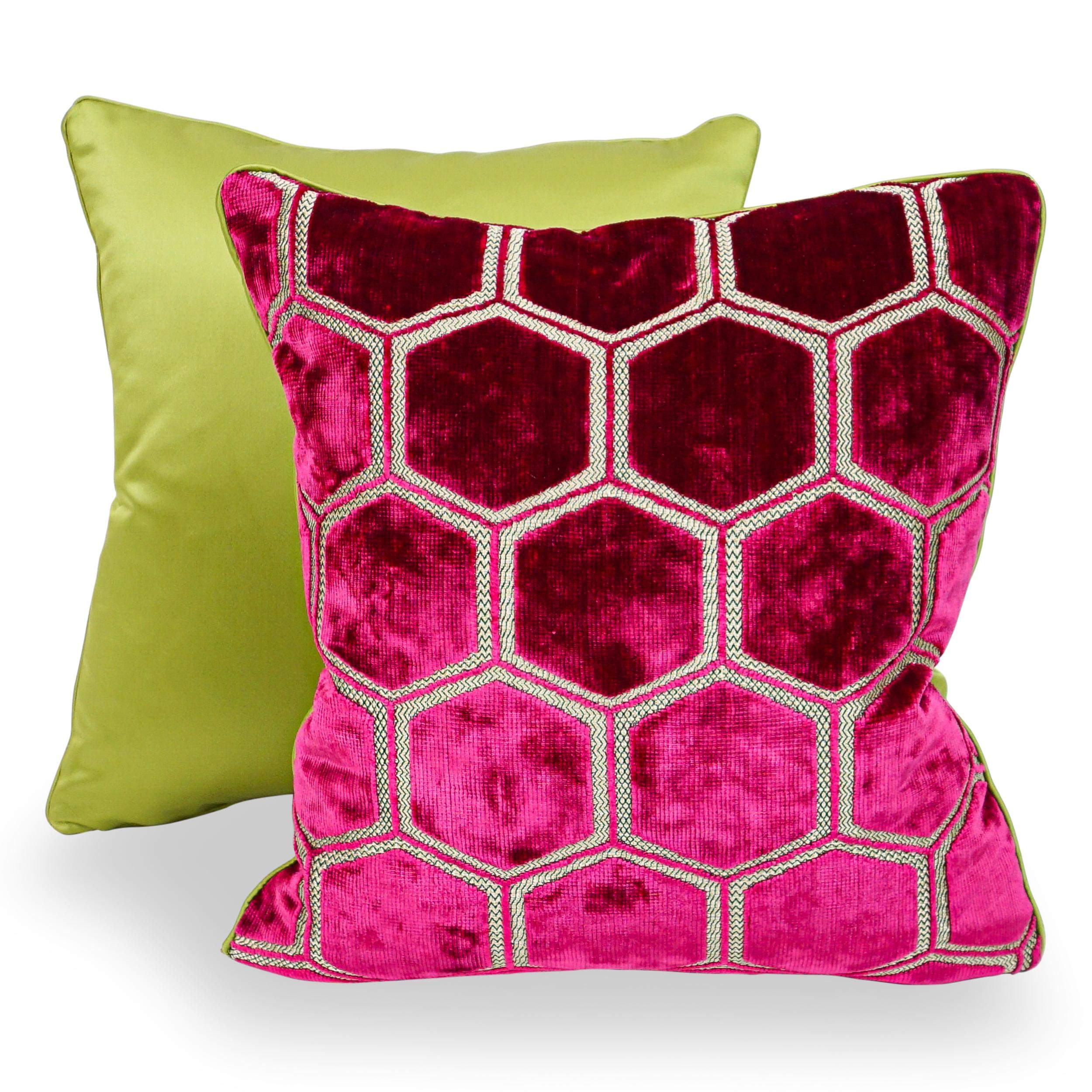 Fuchsia Hexagonal Cut Velvet Square Pillows with Chartreuse Sateen Back For Sale 3