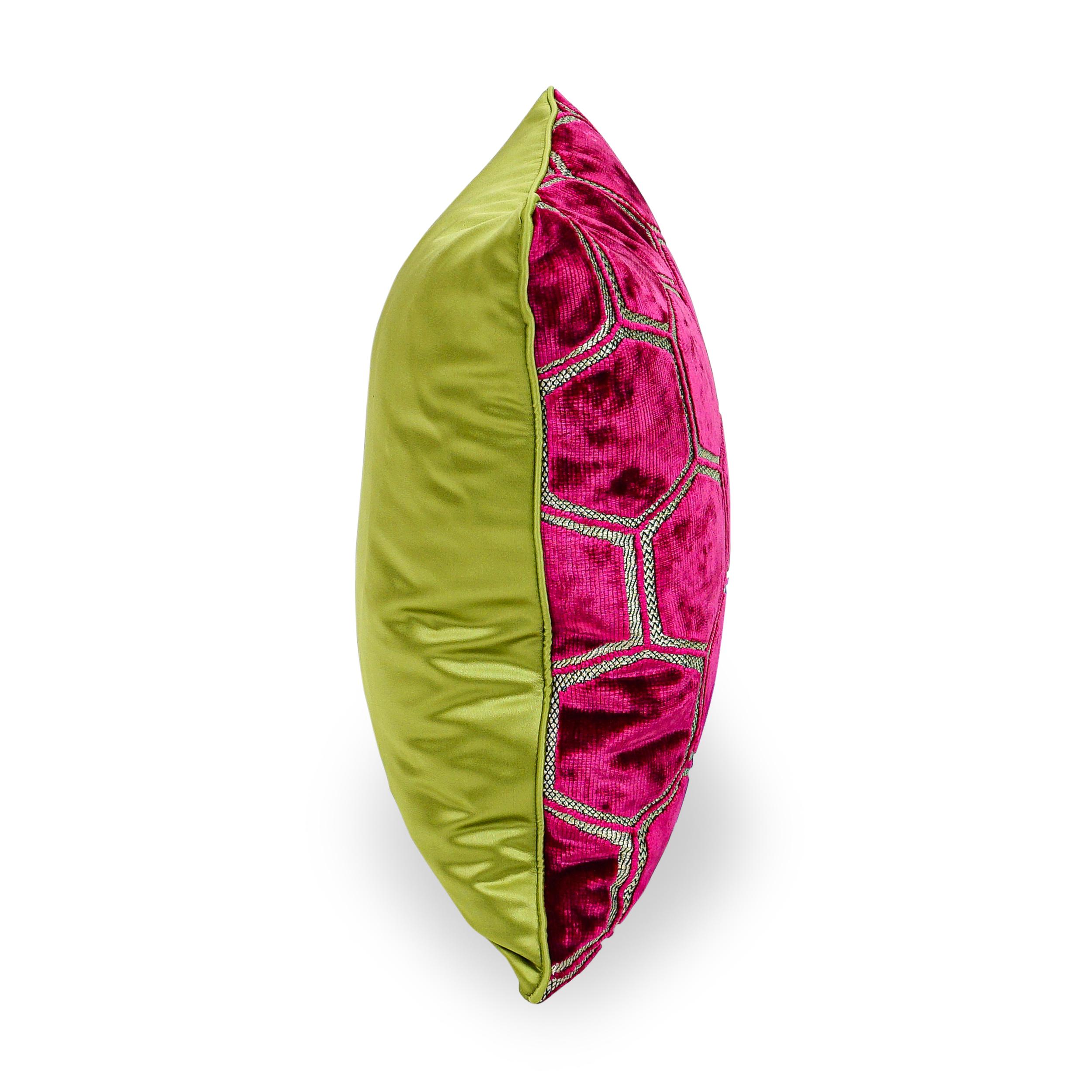 Fuchsia Hexagonal Cut Velvet Square Pillows with Chartreuse Sateen Back For Sale 4