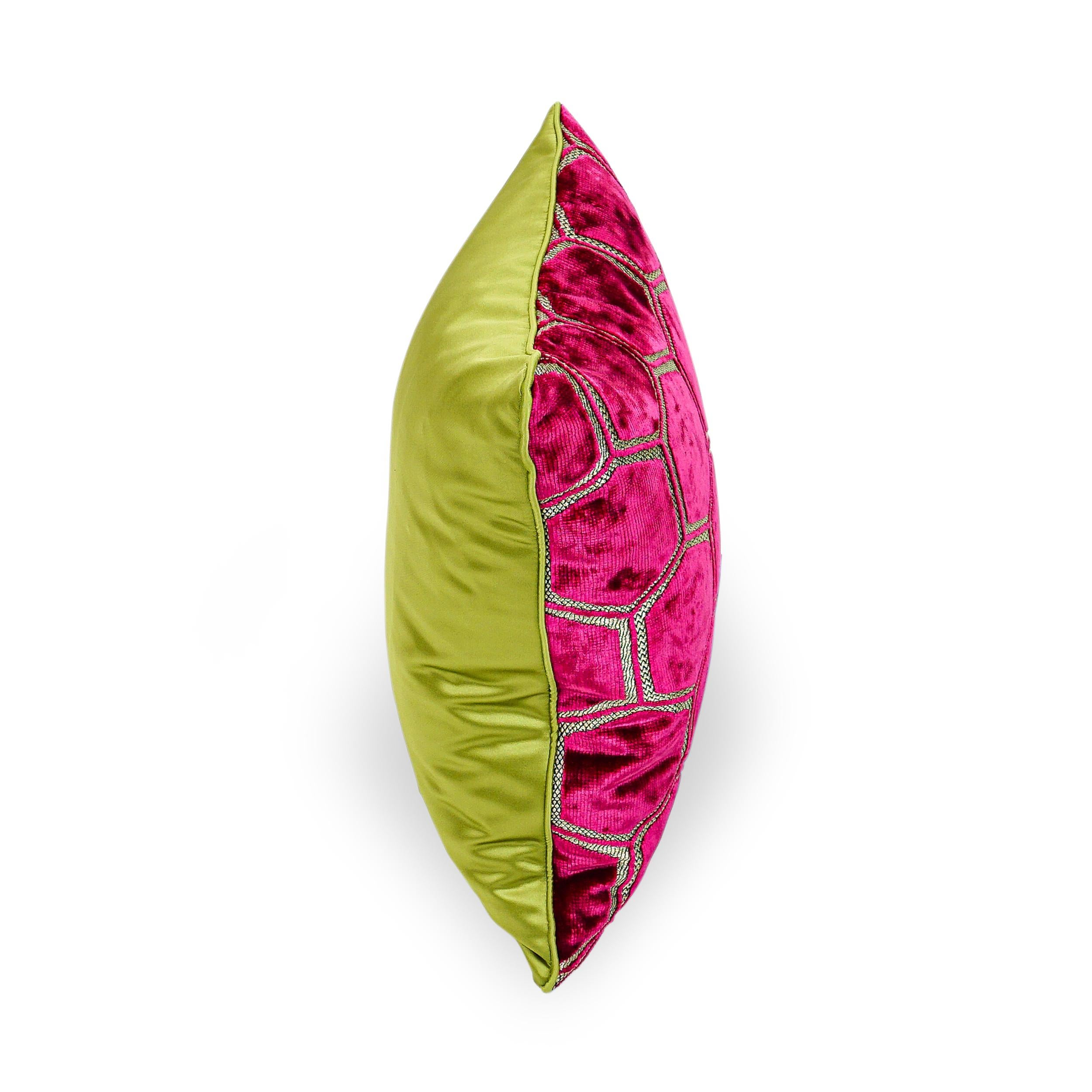 Fuchsia Hexagonal Cut Velvet Square Pillows with Chartreuse Sateen Back For Sale 5