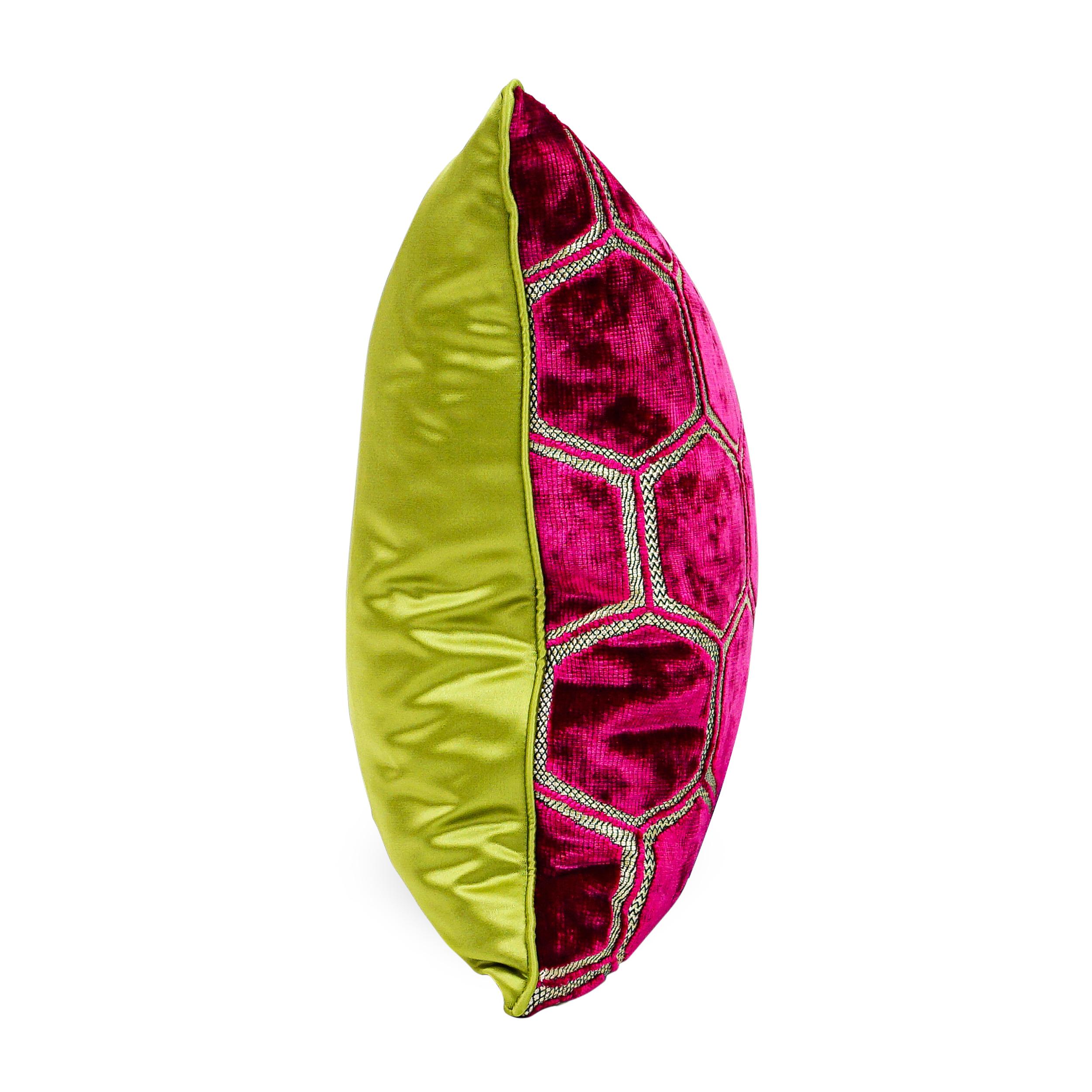 Fuchsia Hexagonal Cut Velvet Square Pillows with Chartreuse Sateen Back For Sale 6