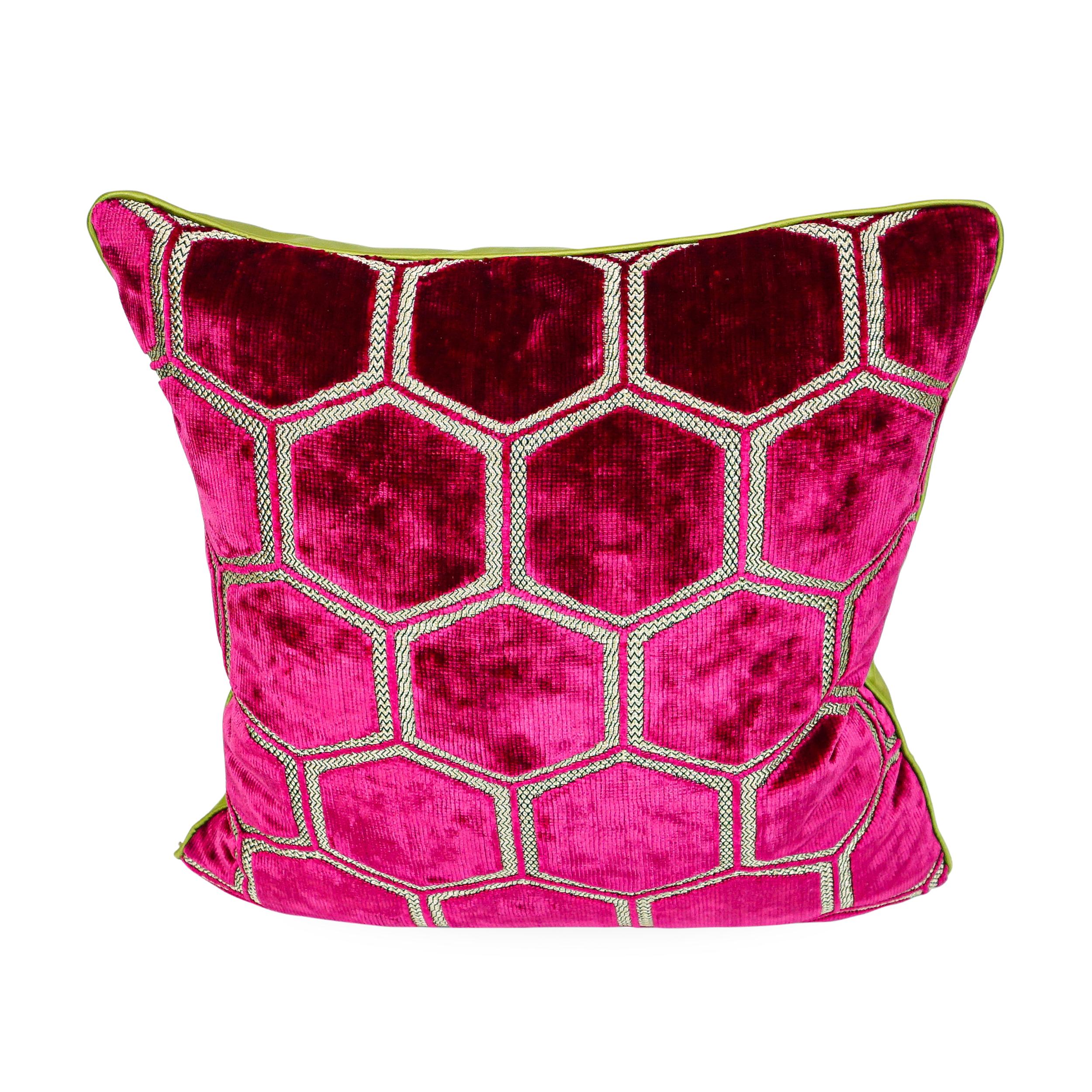 Fuchsia hexagonal cut velvet on face and chartreuse sateen on back.

Measurements:
Overall: 15” W x 5” D x 15” H

Price as shown: $830 as a pair
COM Price: $350 as a pair
Customization may change price.

How we work:
Made to order by