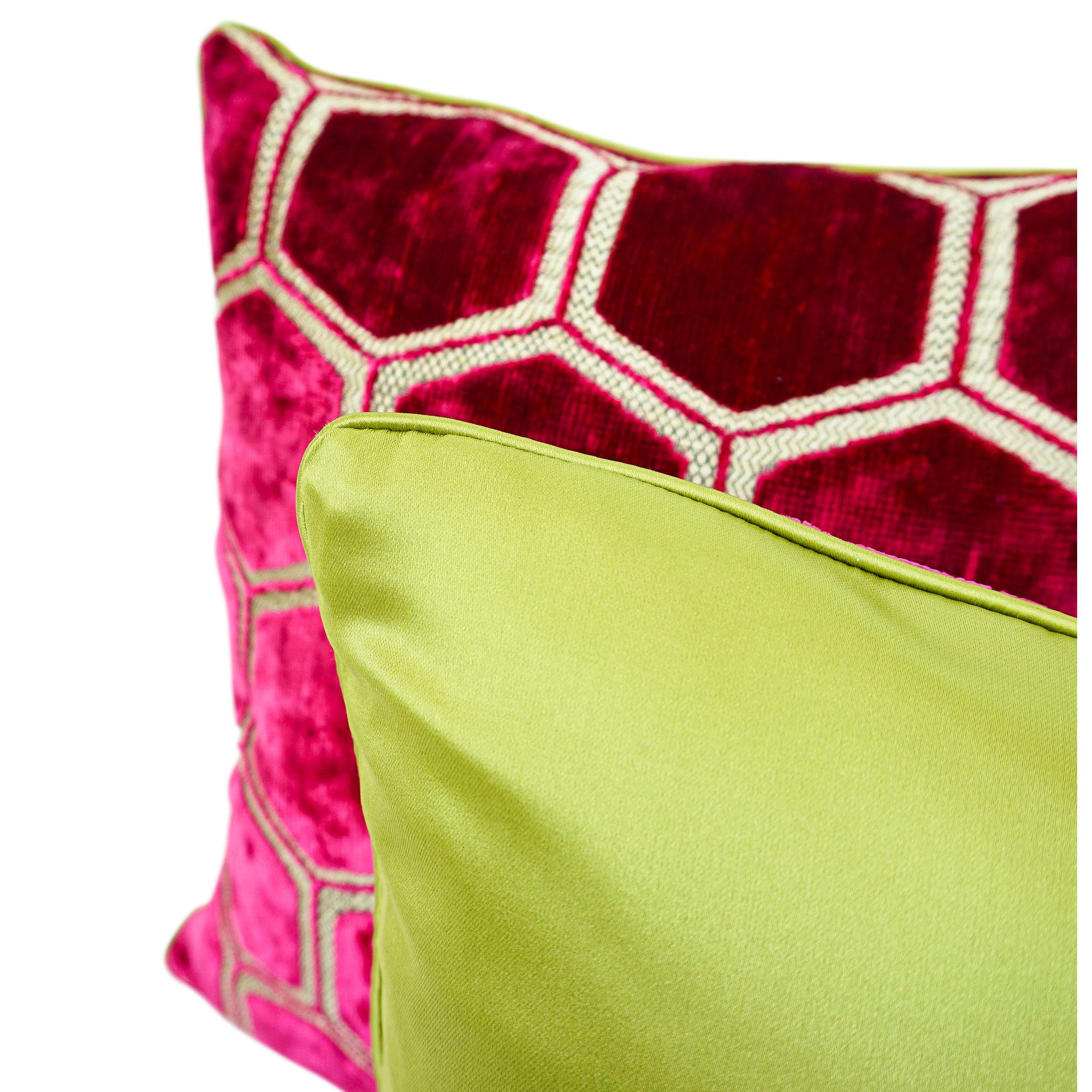 Modern Fuchsia Hexagonal Cut Velvet Square Pillows with Chartreuse Sateen Back For Sale