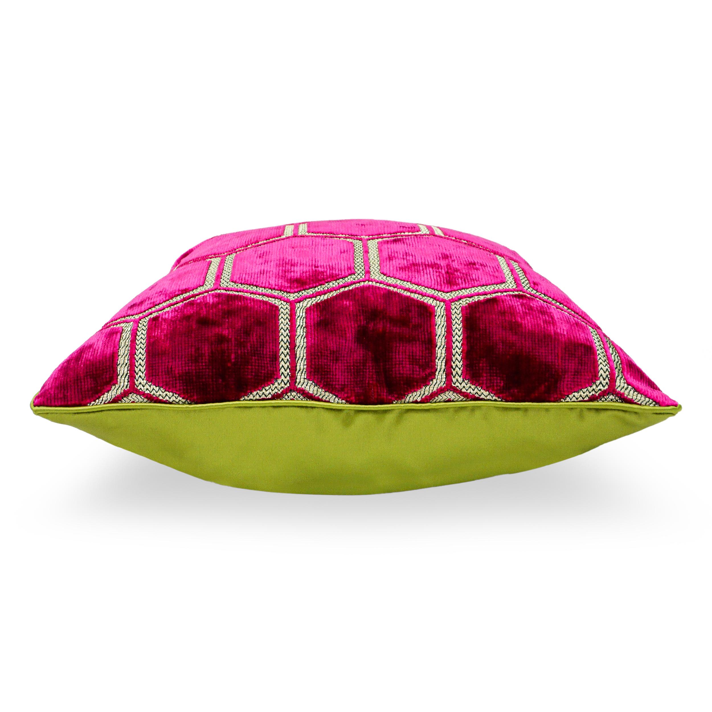 Contemporary Fuchsia Hexagonal Cut Velvet Square Pillows with Chartreuse Sateen Back For Sale
