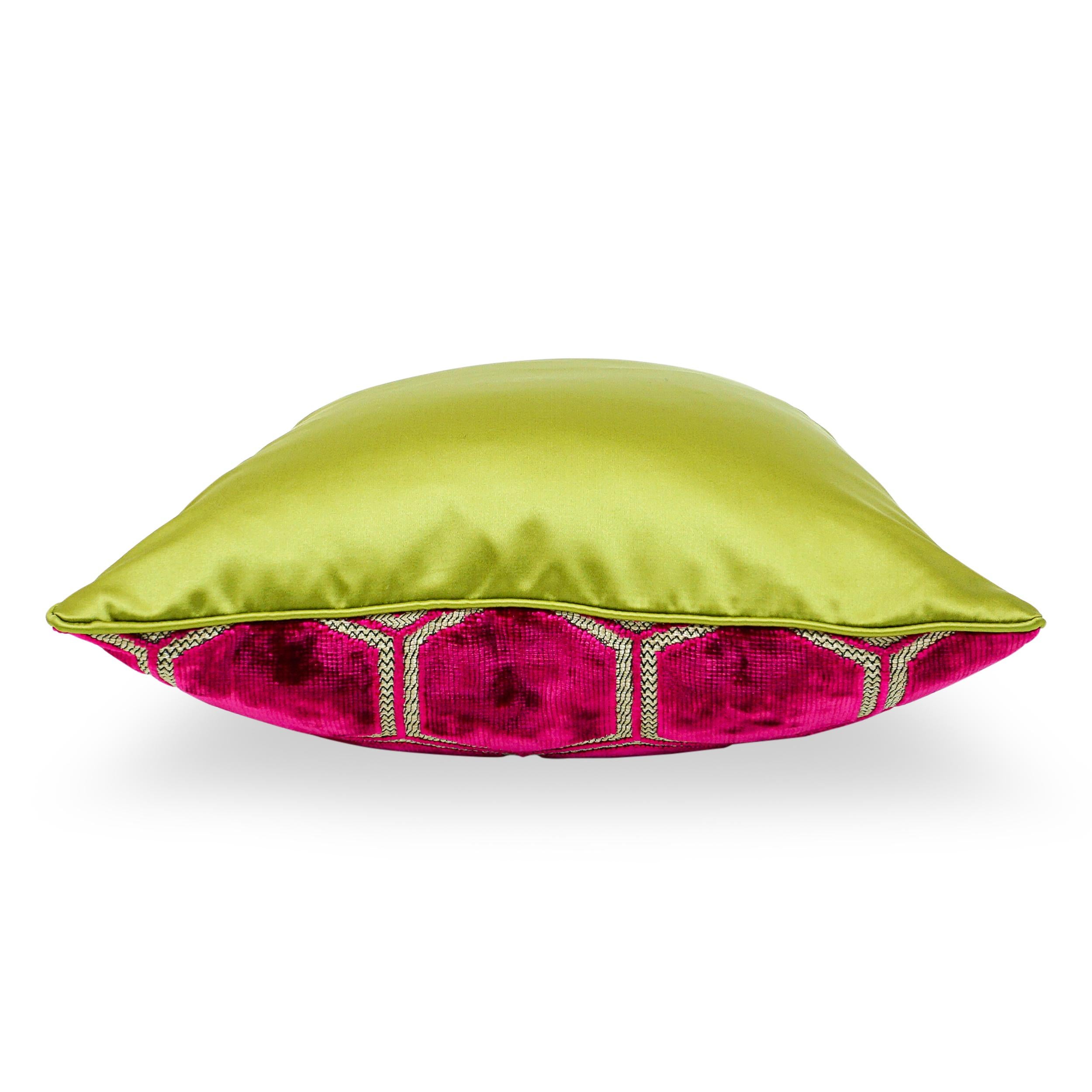 Fuchsia Hexagonal Cut Velvet Square Pillows with Chartreuse Sateen Back For Sale 1