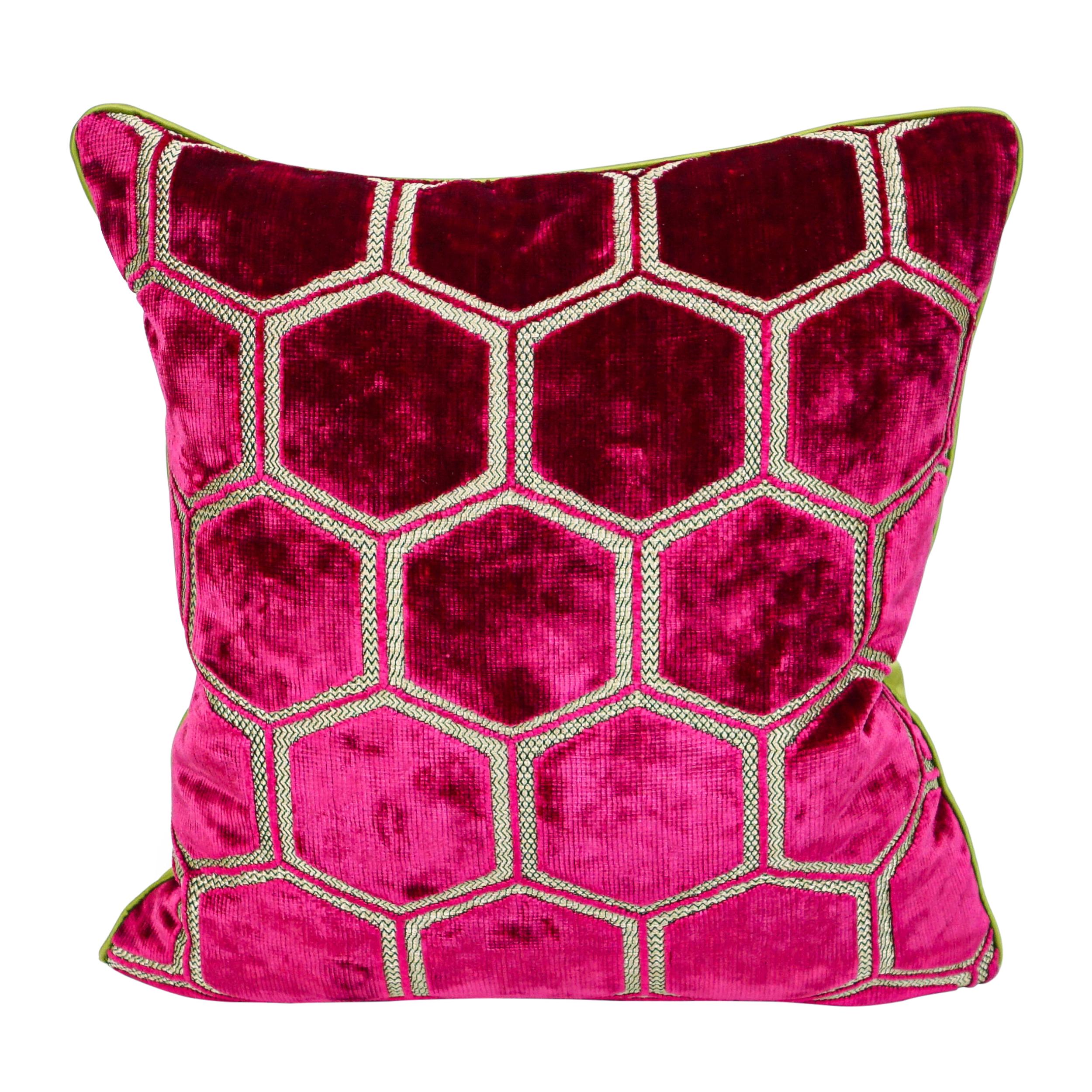 Fuchsia Hexagonal Cut Velvet Square Pillows with Chartreuse Sateen Back For Sale 2