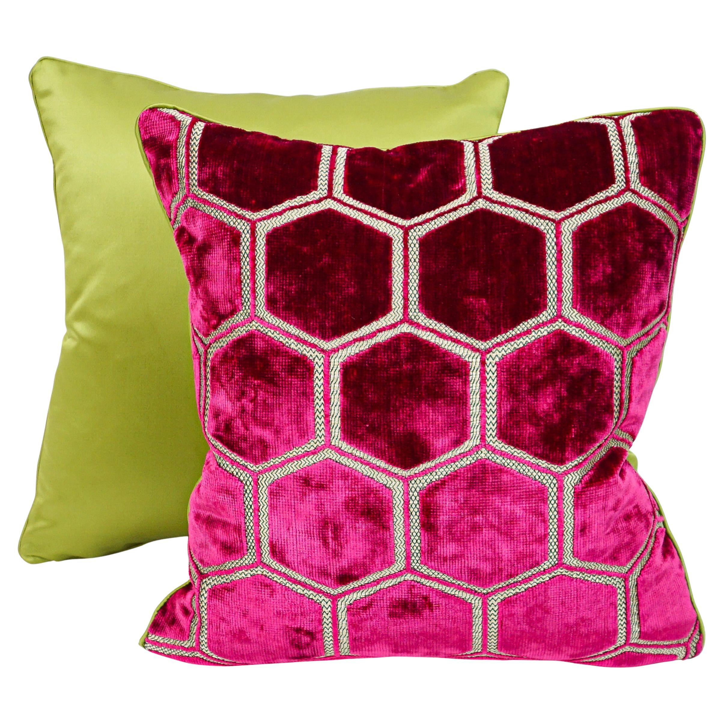 Fuchsia Hexagonal Cut Velvet Square Pillows with Chartreuse Sateen Back For Sale