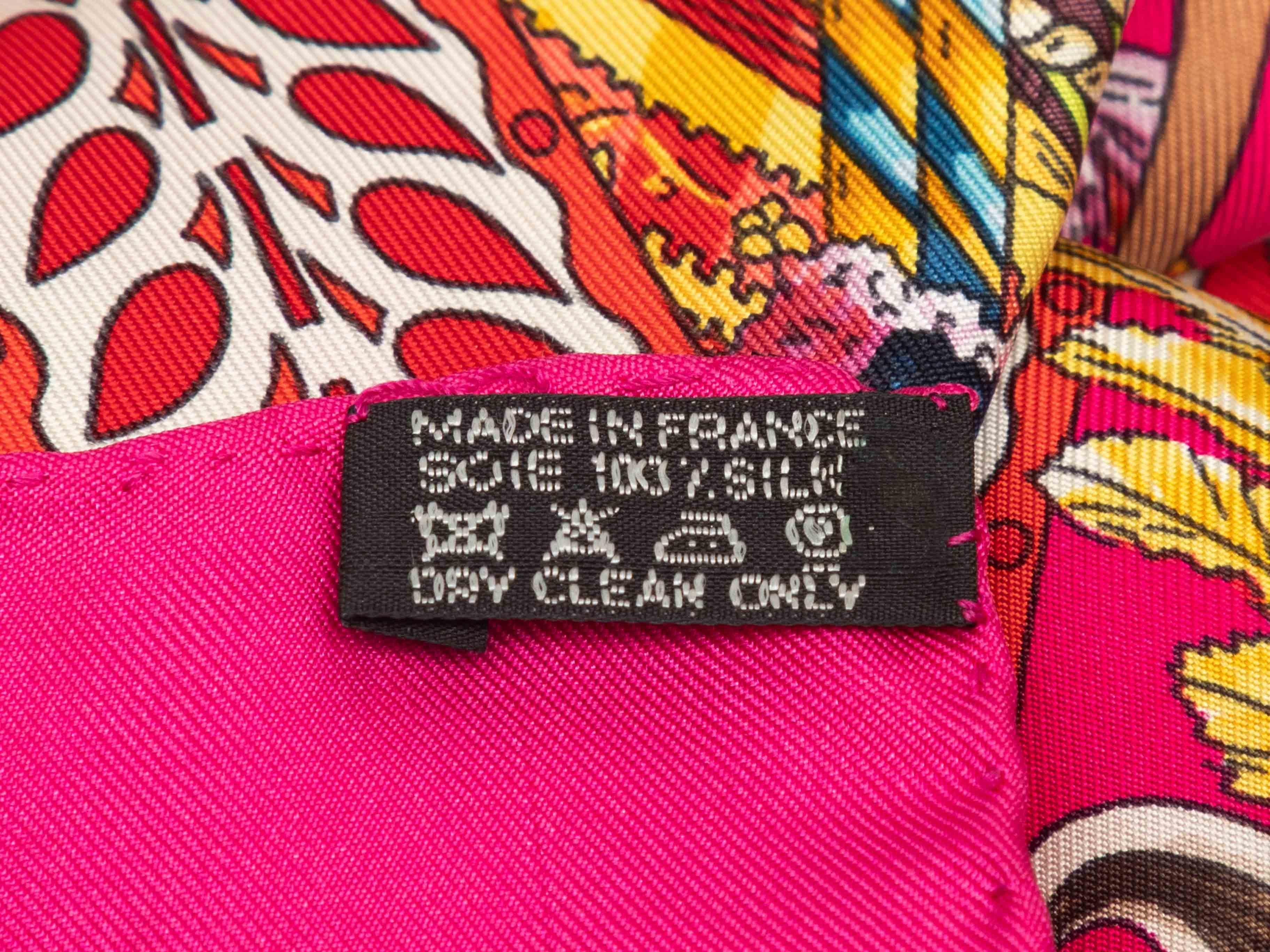 Fuchsia and multicolor 'La Danse du Cheval Marwari' motif printed silk scarf by Hermes. 34