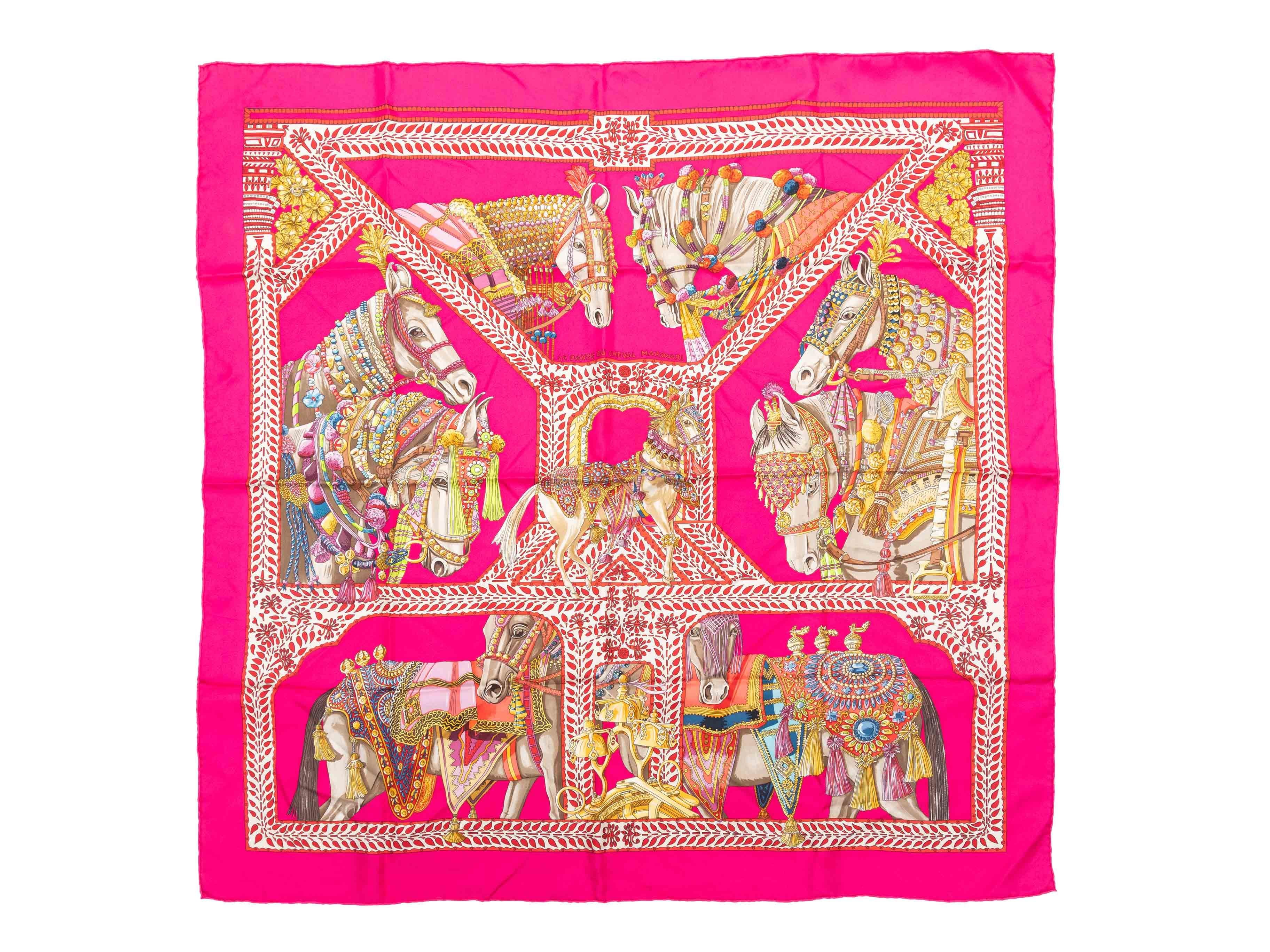 Fuchsia & Multicolor Hermes 'La Danse du Cheval Marwari' Motif Printed Scarf In condizioni buone in vendita a New York, NY