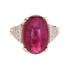 Fuchsia Pink Cabochon Tourmaline Diamond Ring Vintage 14k Yellow Gold Estate 5.5
