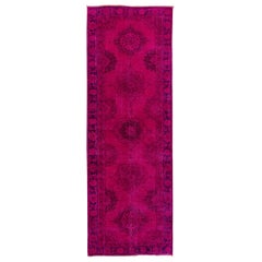 4.2x12 Ft Fuchsia Pink Color ReDyed Vintage Turkish Runner, Handmade Carpet