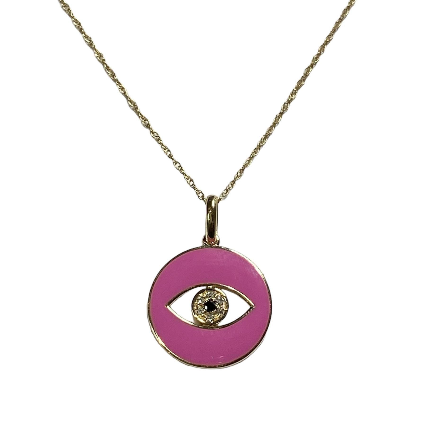 Solid 14K Yellow Gold Evil Eye Diamond Necklace 
Fall in love with this Fuchsia Pink Enamel Evil Eye high-polish pendant with natural diamonds.
The Evil Eye is an symbol of spiritual protection and good health. 

14K Yellow Gold 


Fuchsia