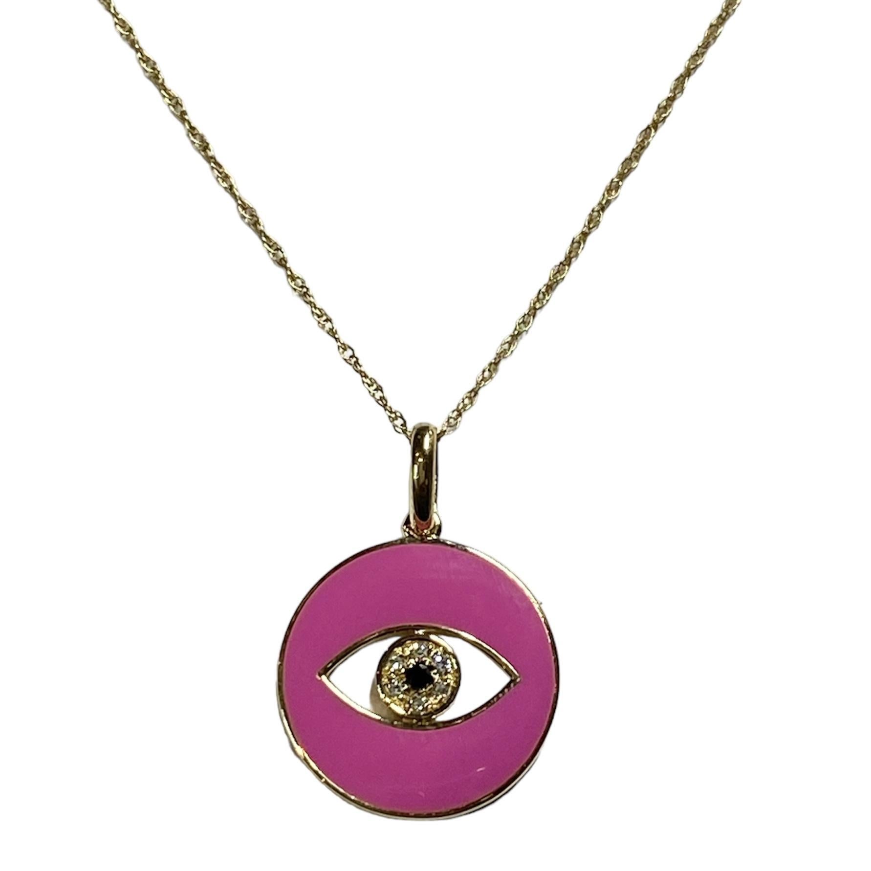 Modern Fuchsia Pink Enamel Eye Of God Natural Diamond Necklace For Sale