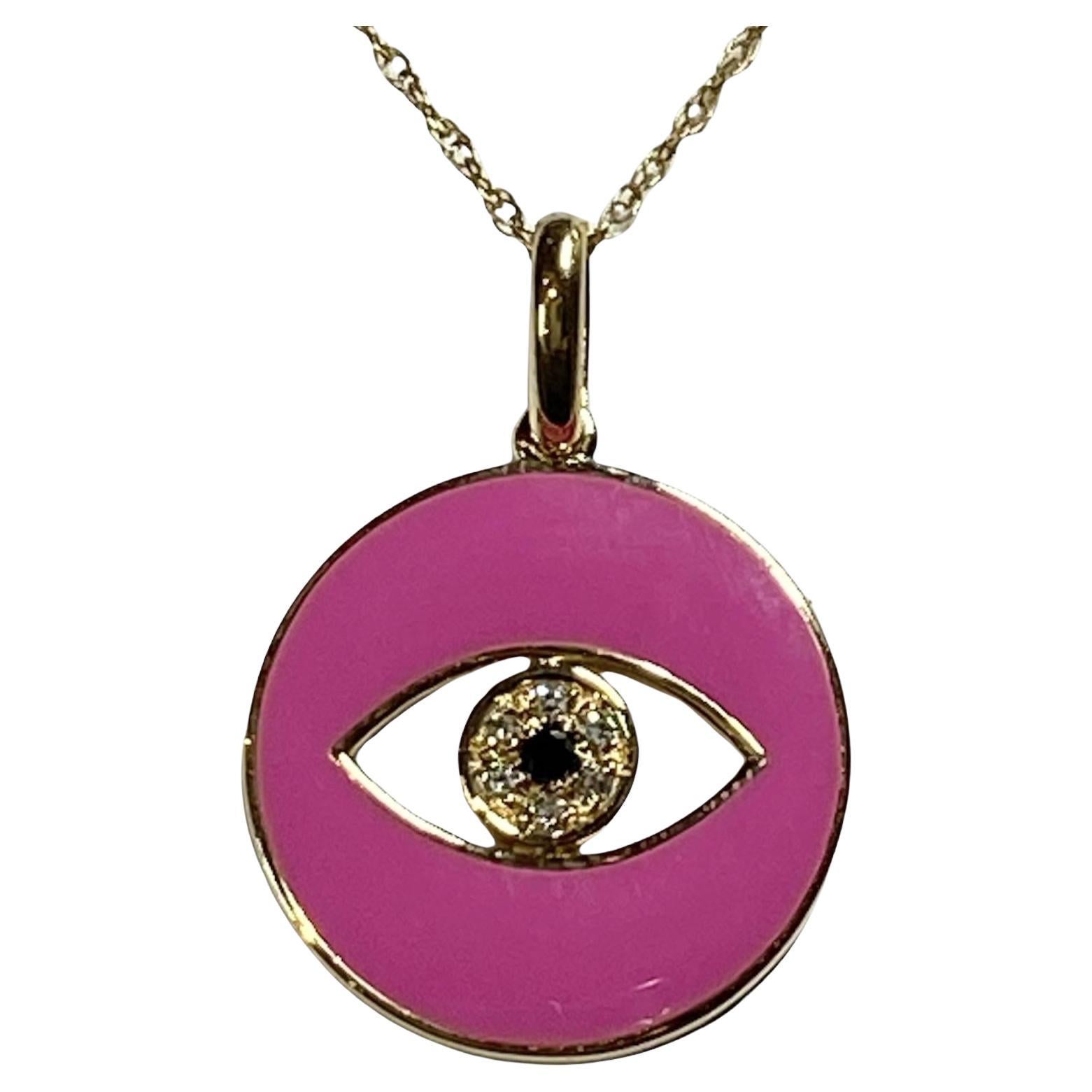 Fuchsia Pink Enamel Eye Of God Natural Diamond Necklace For Sale