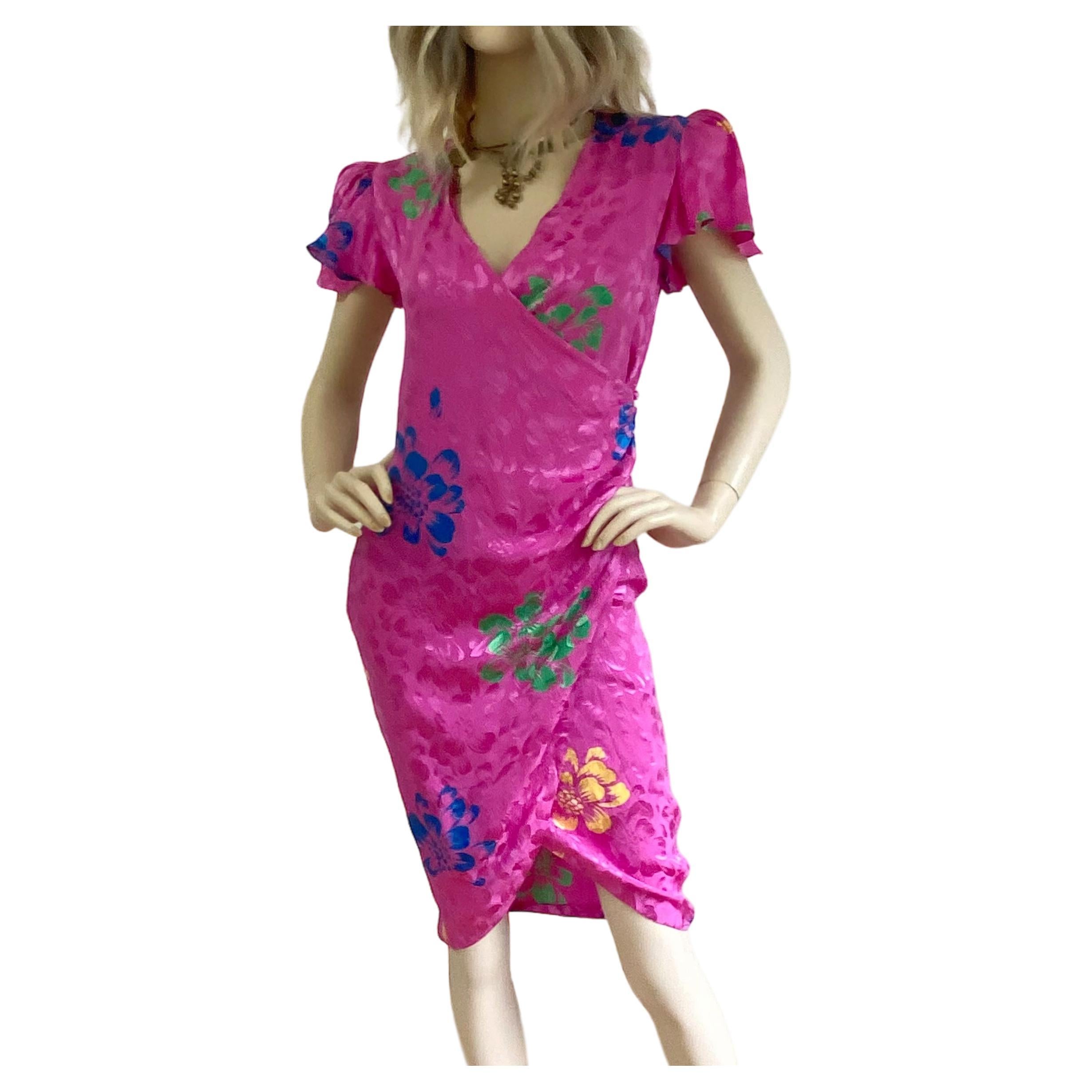 Fuchsia Pink Flutter Sleeve Silk Print Wrap Dress - Flora Kung   For Sale
