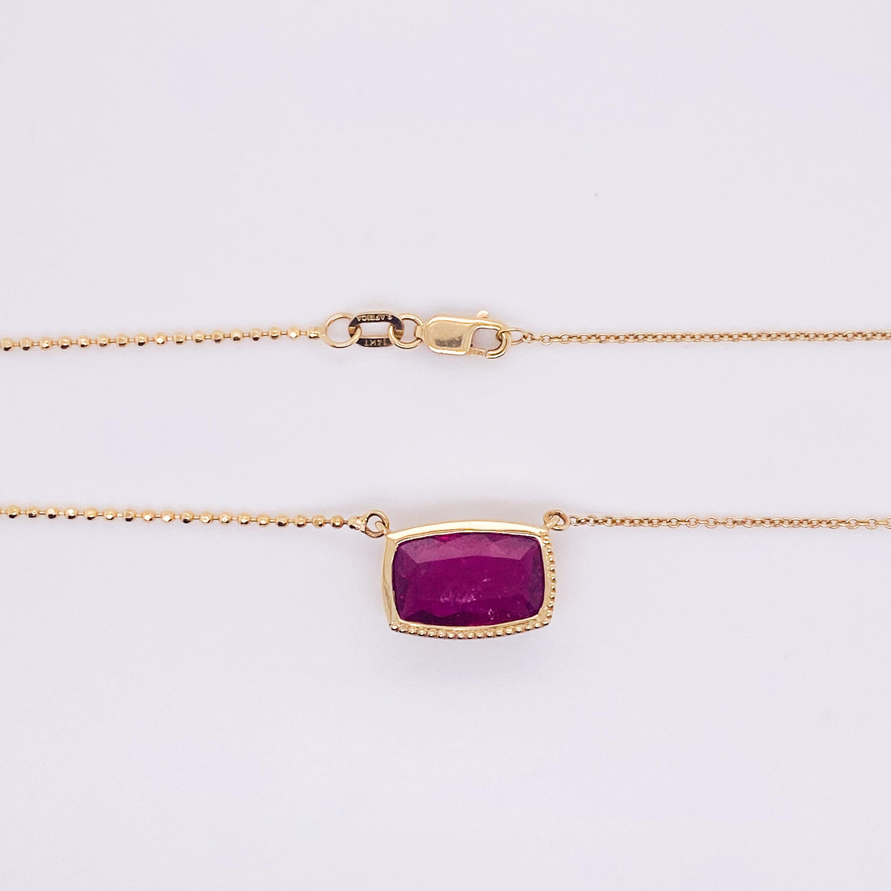 Mixed Cut Fuchsia Pink Tourmaline Necklace with Asymmetric Details in 14K Yellow Gold LV For Sale