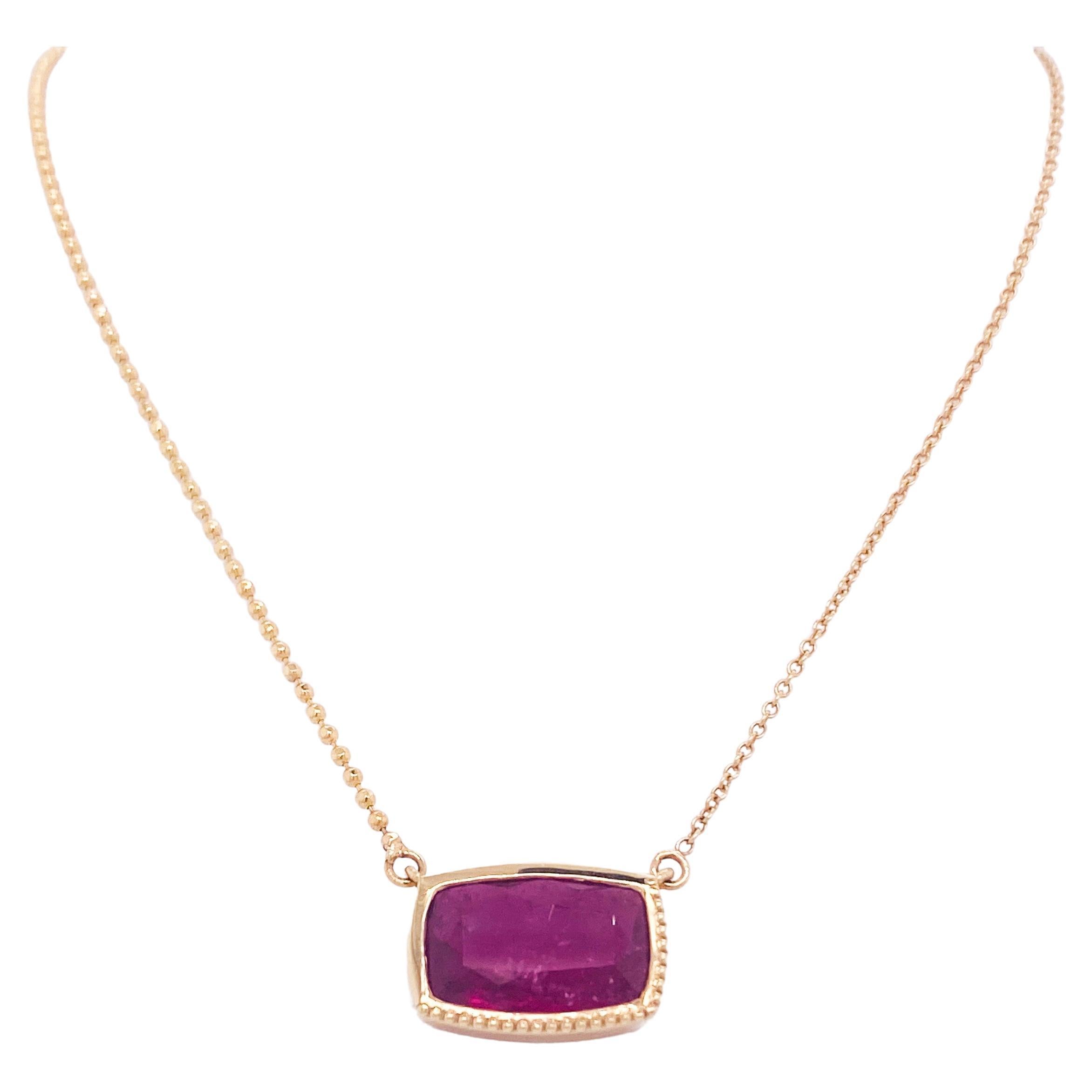 Fuchsia Pink Tourmaline Necklace with Asymmetric Details in 14K Yellow Gold LV For Sale
