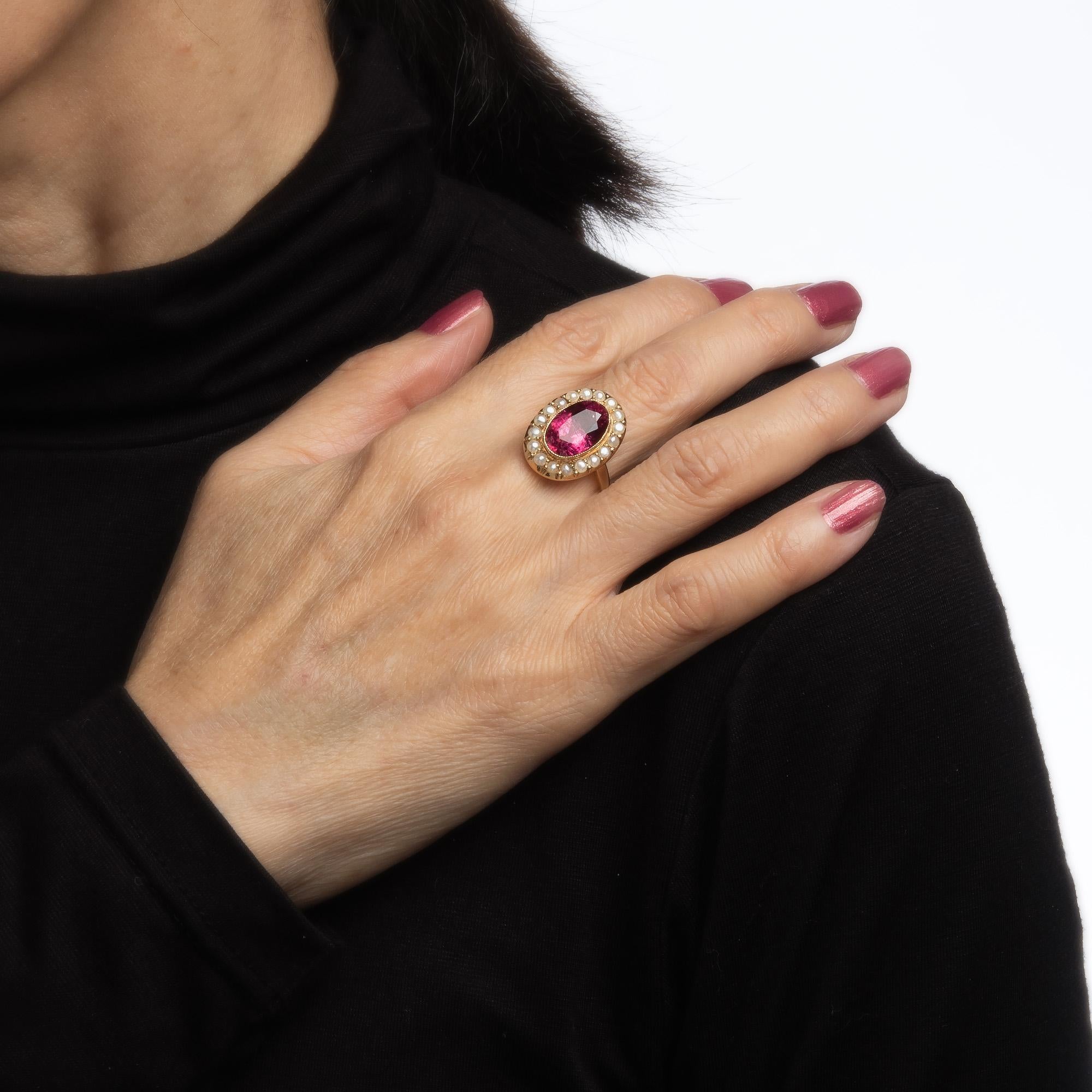 Modern Fuchsia Pink Tourmaline Pearl Ring Vintage 14k Gold Oval Princess Cocktail
