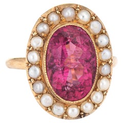 Fuchsia Pink Tourmaline Pearl Ring Vintage 14k Gold Oval Princess Cocktail