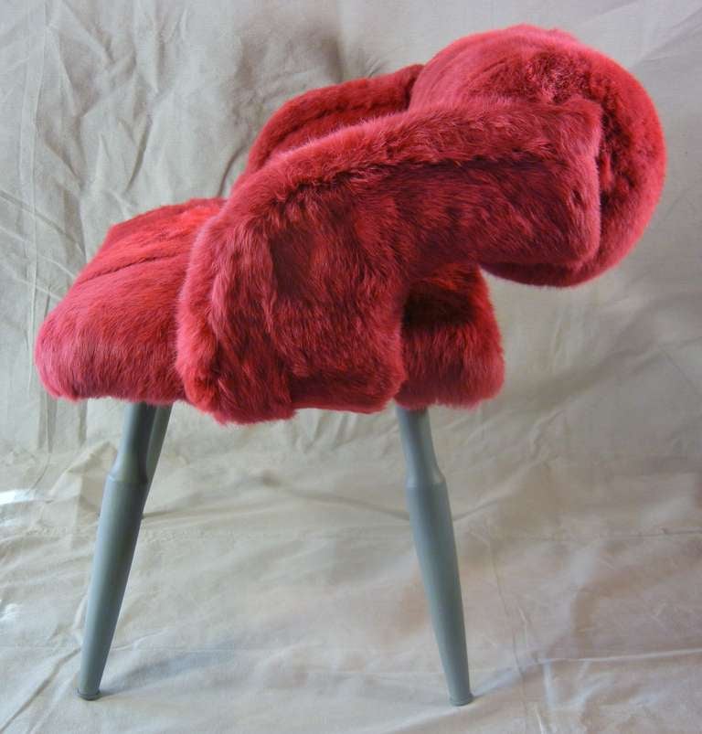 Canadian Fuchsia Rabbit Fur Vanity Chair, Recycled Midcentury Furniture by Godoy, 2007 For Sale