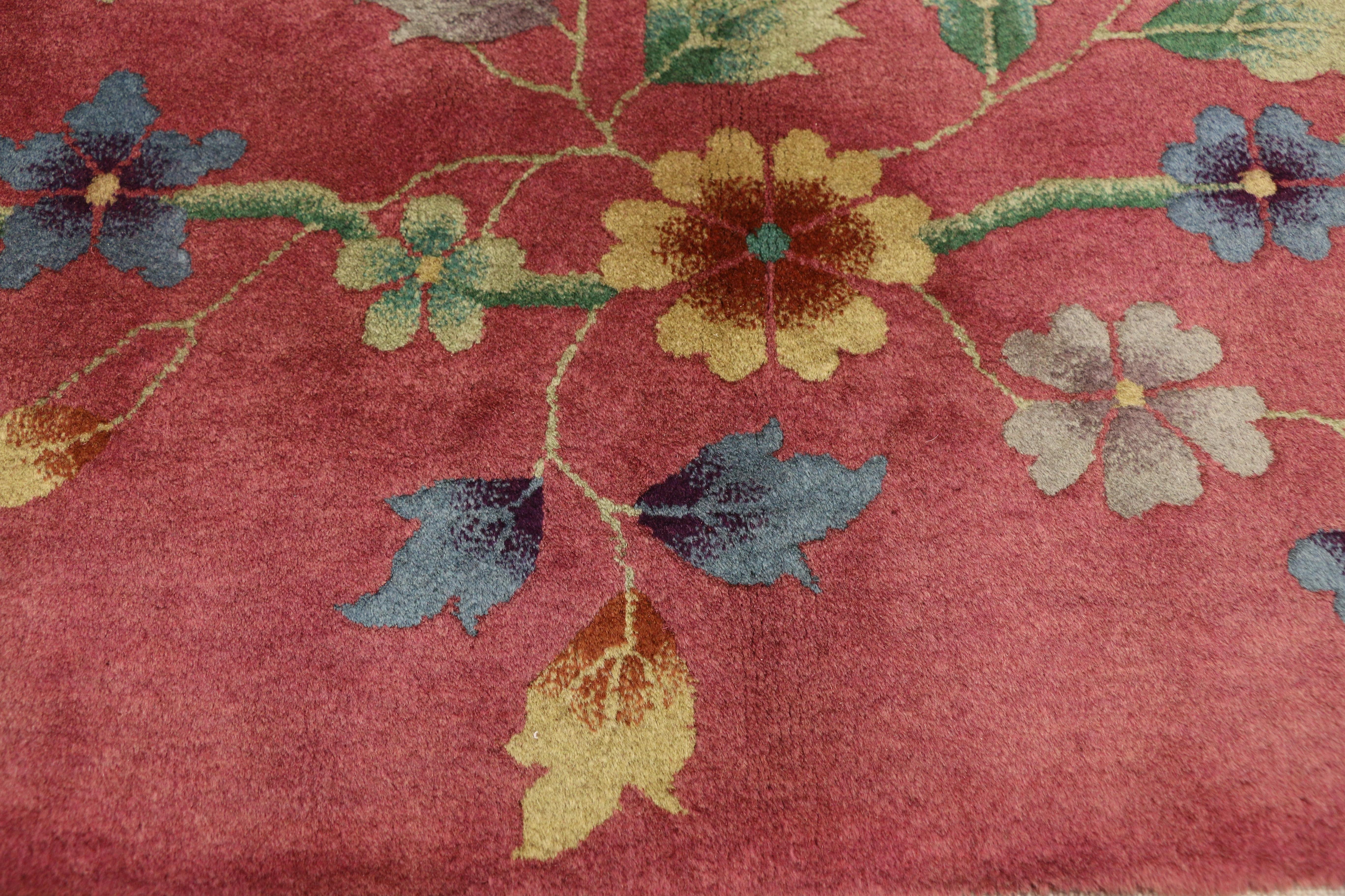 Wool Fuchsia-Raspberry, Early 20th Century Antique Chinese Art Deco Rug