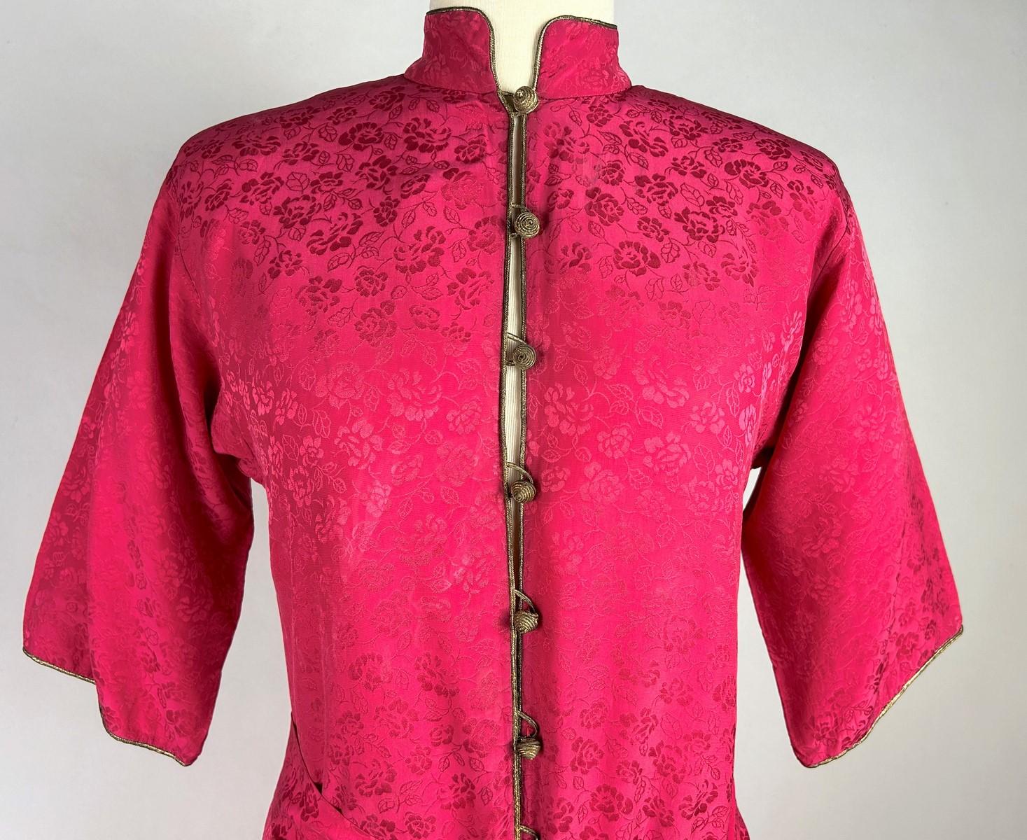 Red Fuchsia silk damask tunic dress by Yves Saint Laurent Rive Gauche - AW 1976 For Sale
