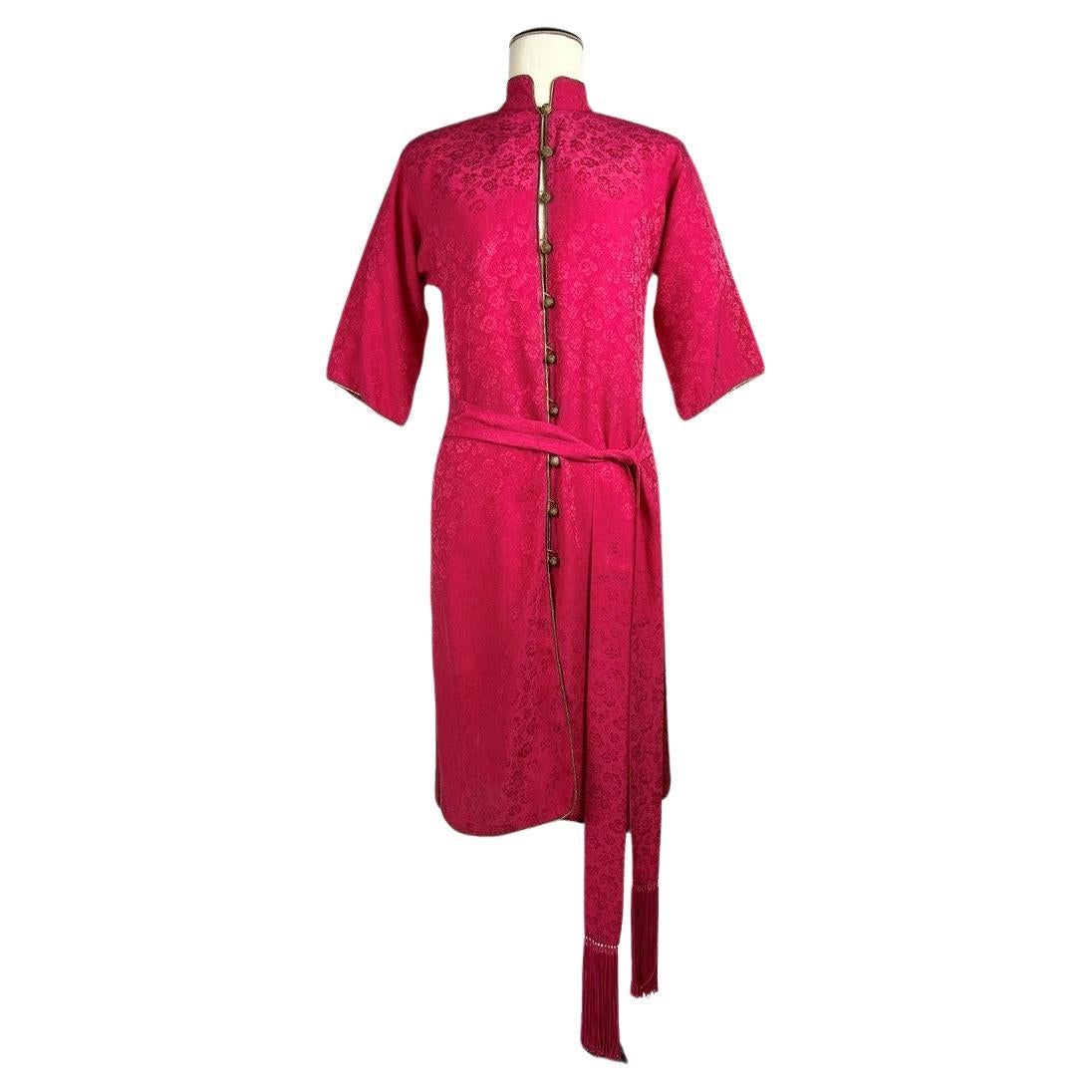 Fuchsia silk damask tunic dress by Yves Saint Laurent Rive Gauche - AW 1976 For Sale