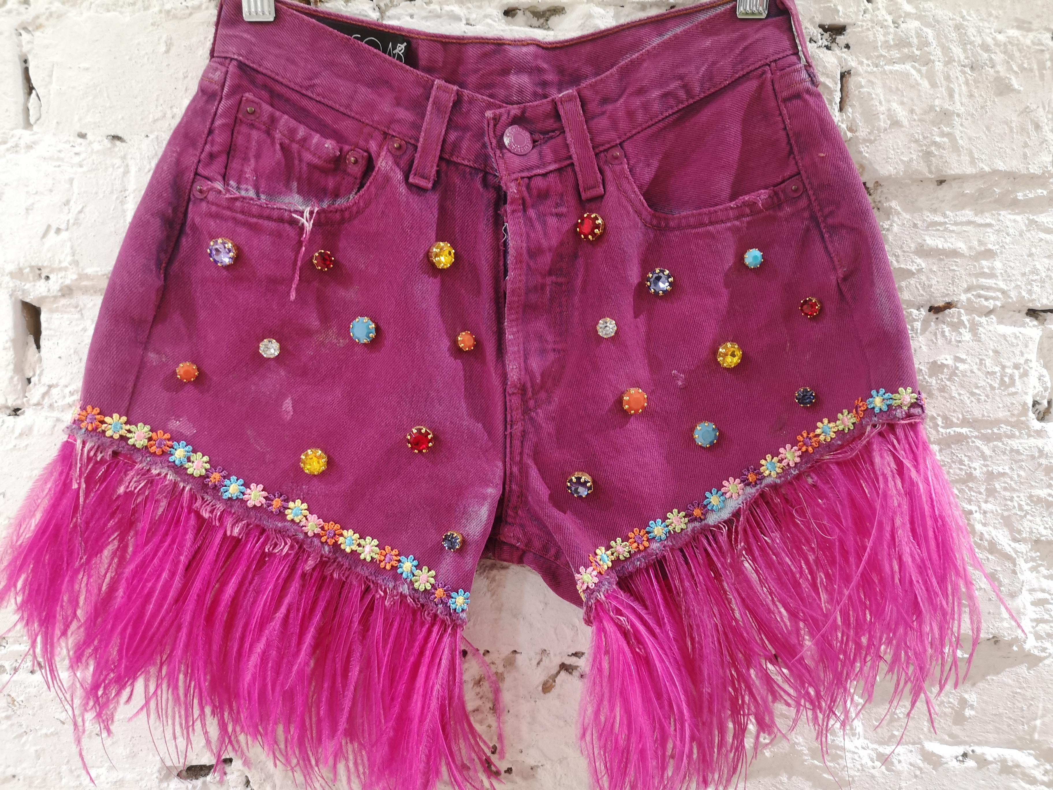 Fucsia painted denim SOAB shorts 
vintage shorts recycled and customised totally handmade embellished with sequins, fringes and patterns all over
composition: cotton
total lenght: 25 cm plus 10 cm fringes 
waist 62 cm