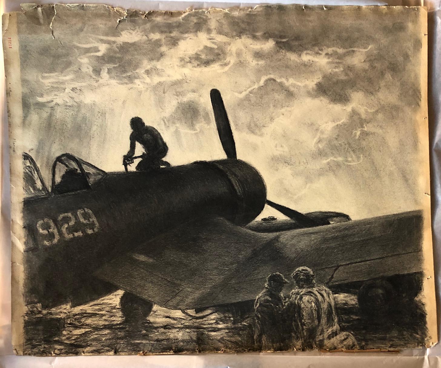 US Naval and Marines documentary drawing from WWII of a Vought F4U Corsair fighter plane being refueled with the pilot in preparations. Title partially cut off and inventory numbered. This would have been part of a battlefield portfolio of
