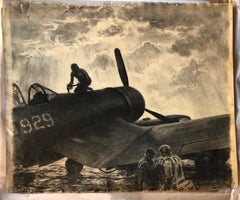 "Fueling the Fighter" WWII Charcoal Drawing Vought F4U Corsair